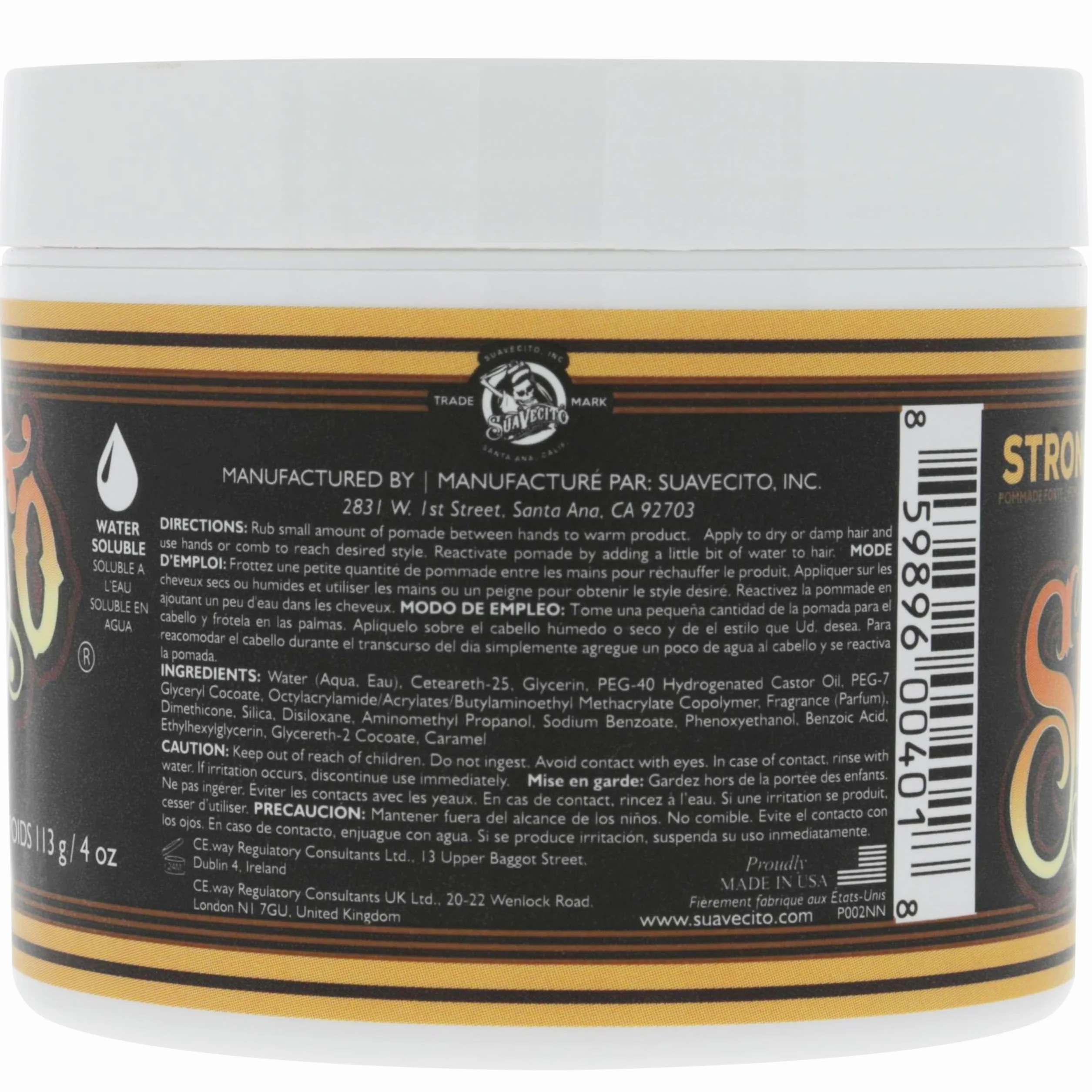 Suavecito Firme Strong Hold Pomada, mocna pompada dla mężczyzn, średni połysk, wosk na bazie wody, bez płatków, 4 oz/113 g