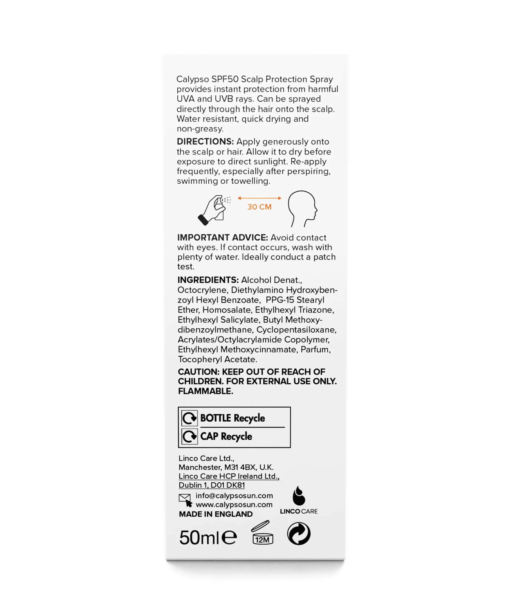 Spray do skóry głowy Calypso Ochrona skóry głowy SPF50 | Wysoka ochrona dla skóry głowy i rozstępu | 50 ml | CALD50SCA, Przezroczysty