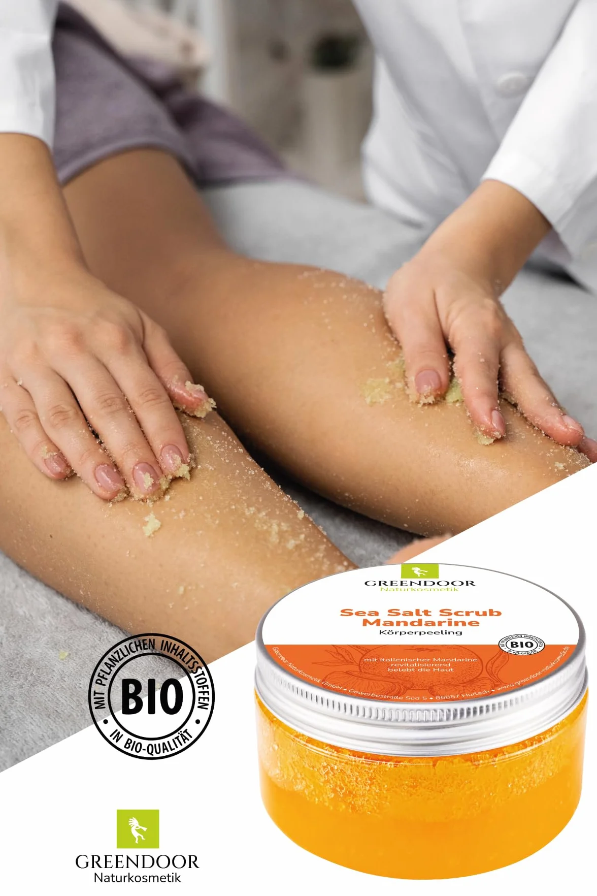 GREENDOOR Peeling do ciała, sól morska, mandarynka, 280 g, naturalny peeling bez mikroplastiku, peeling pod prysznic bez konserwacji, z ekologicznym olejkiem jojoba, naturalny kosmetyk do ciała,