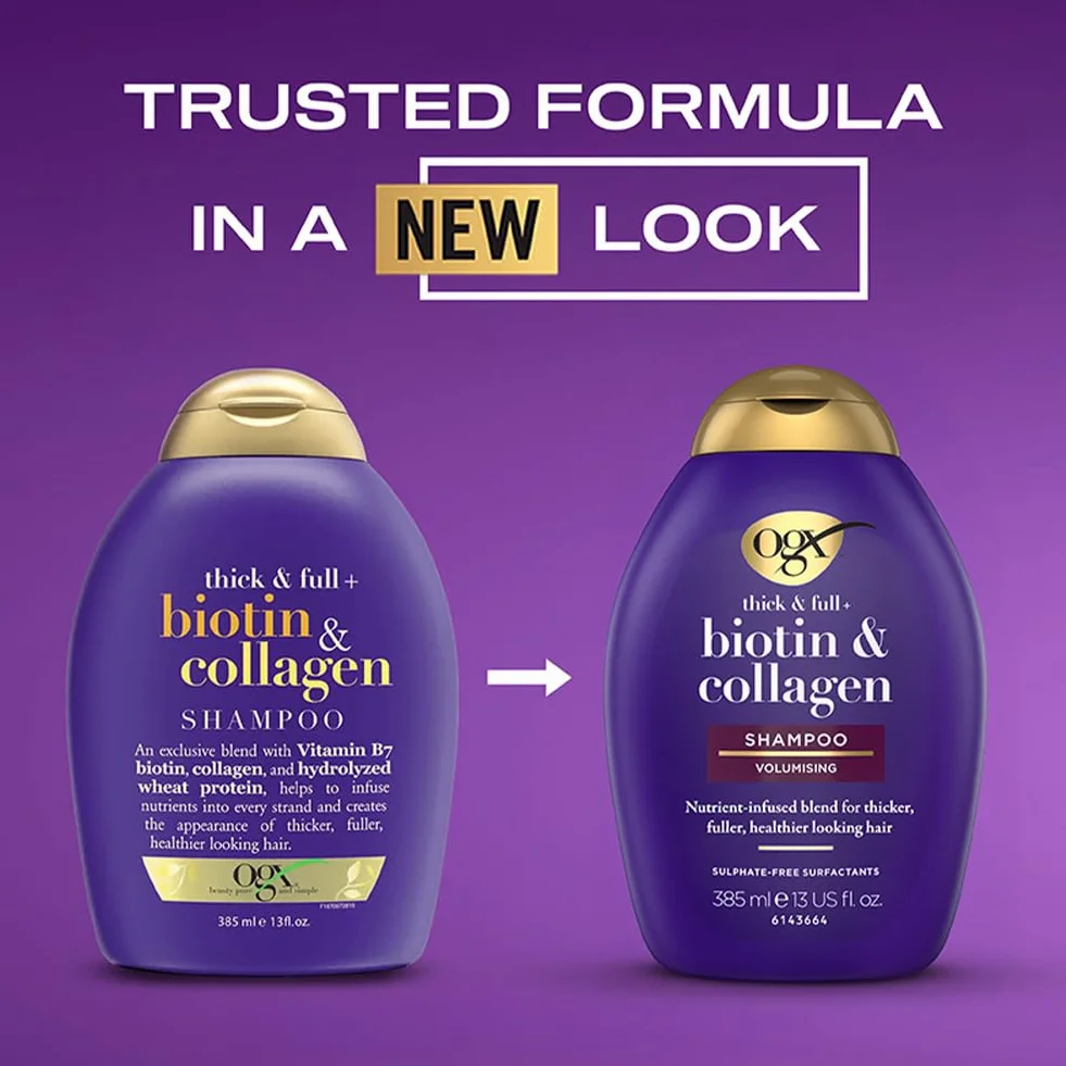 OGX Szampon Biotin & Collagen (385 ml), biotyna, kolagen i hydrolizowane białko pszenicy, bez siarczanów i parabenów, wzmacniacz i teksturyzator do włosów (opakowanie może się różnić)