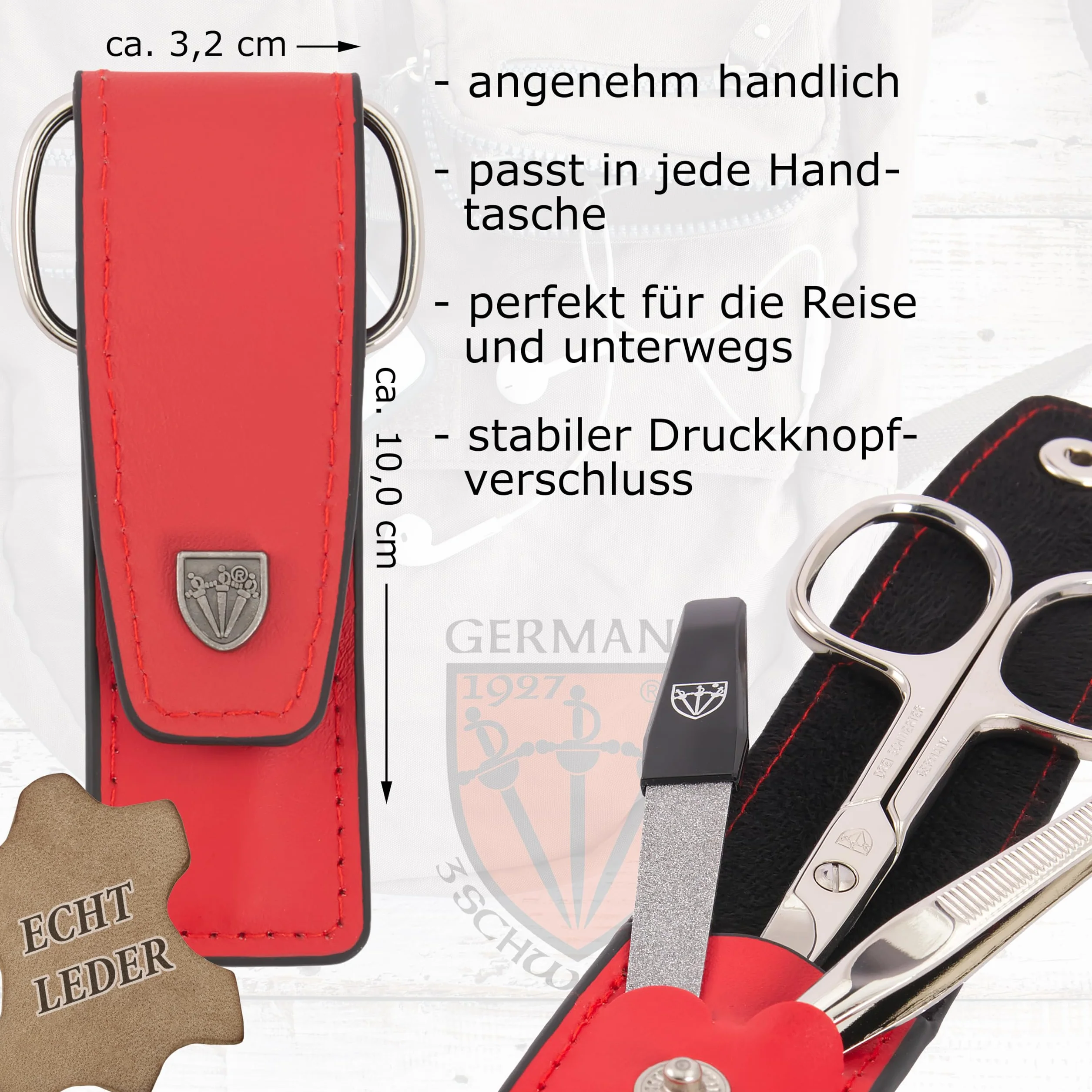 Drei Schwerter - 3-częściowy zestaw do pielęgnacji paznokci 'Venezia' | Wysokiej jakości zestaw do manicure i pedicure w skórzanym etui, kolor czerwony. WYROBIONEO W NIEMCACH | Zawartość: nożyczki do