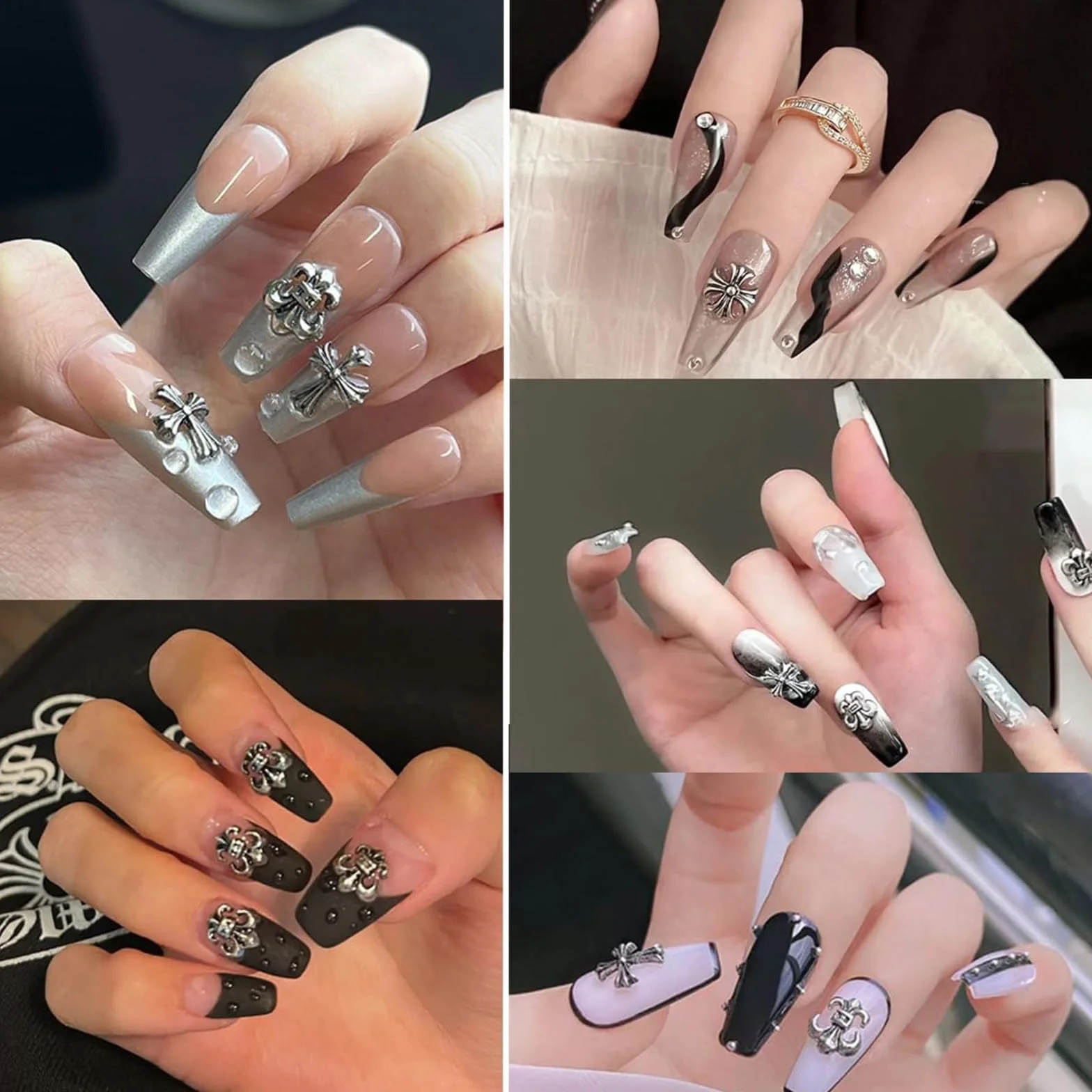 Nayyana® 3D zawieszka do paznokci, chromowane zawieszki 3D, styl vintage, gotycki retro punk, serca, czaszki, mieszane srebro, zawieszki do paznokci