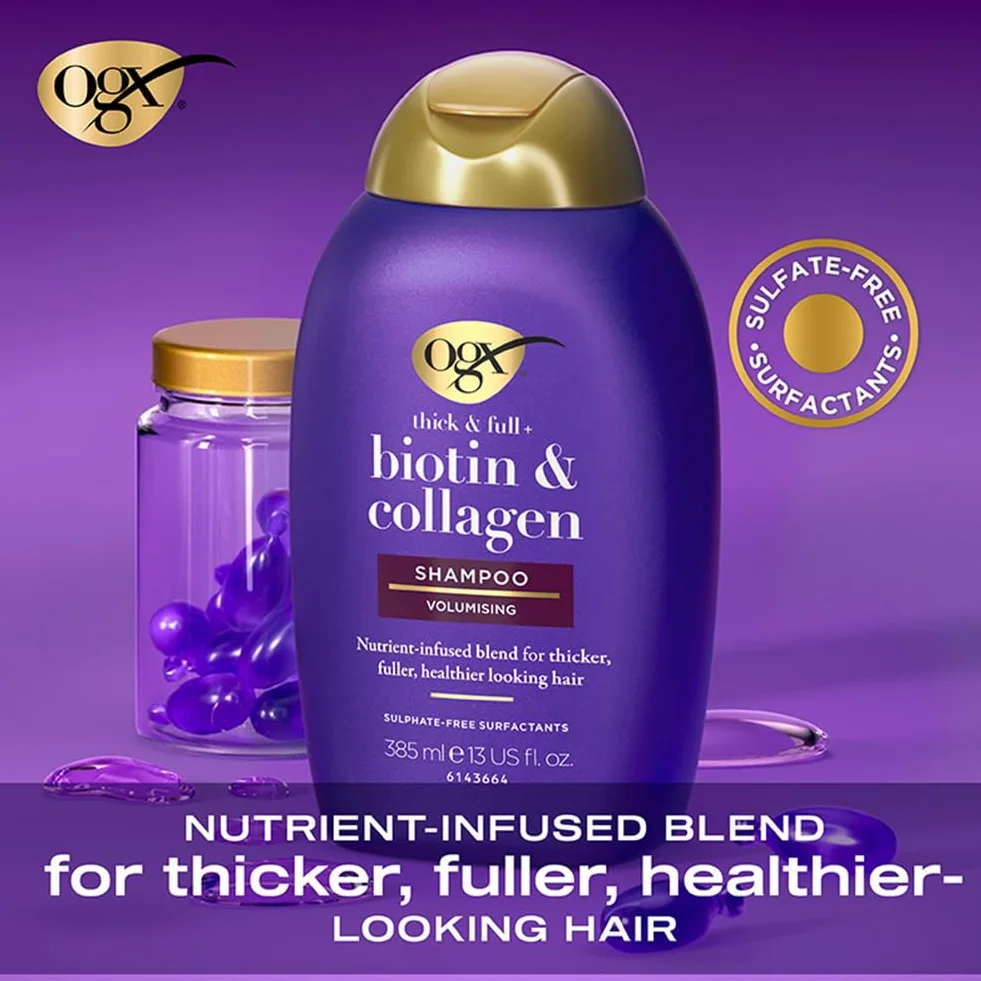 OGX Szampon Biotin & Collagen (385 ml), biotyna, kolagen i hydrolizowane białko pszenicy, bez siarczanów i parabenów, wzmacniacz i teksturyzator do włosów (opakowanie może się różnić)