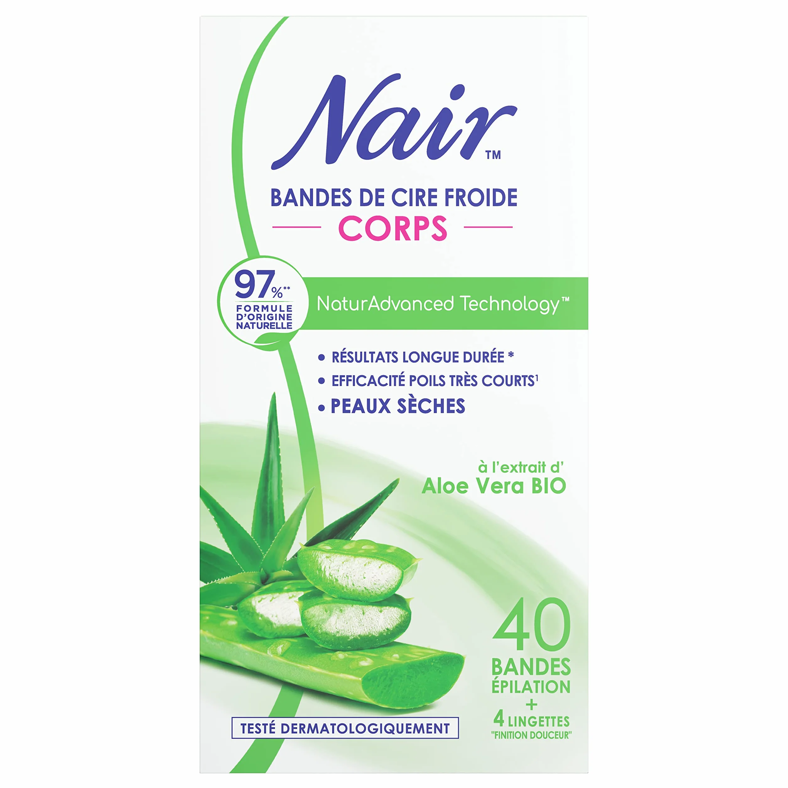 NAIR - Paski woskowe do zimnego ciała, specjalne dla skóry suchej, organiczny ekstrakt z aloesu, 97% pochodzenia naturalnego, NaturAdvanced Technology, 40 pasków
