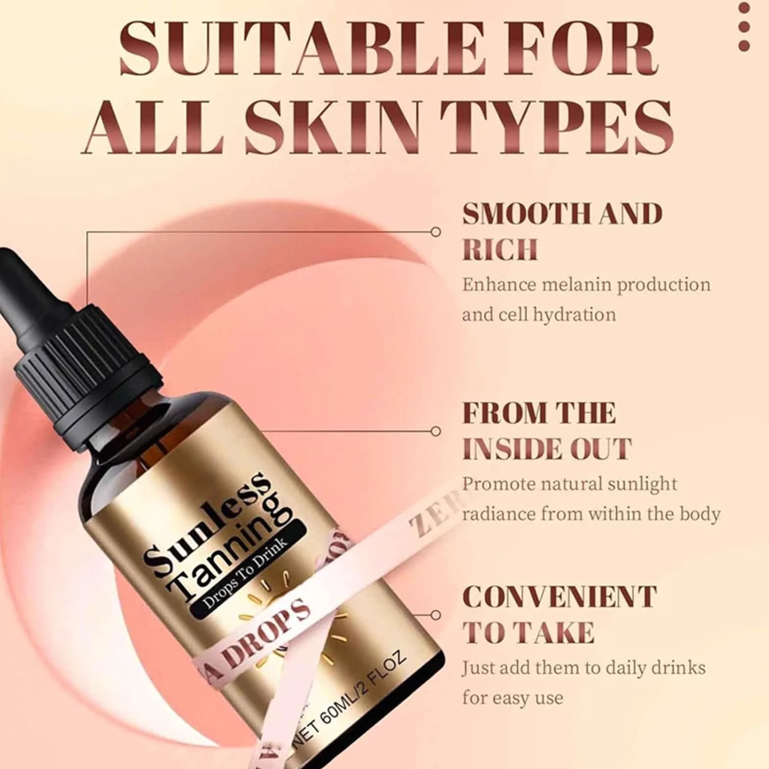 Sunless Tanning Drops To Drink, Selfs Tanner Drops, Olejek do opalania bezsłonecznego, regulowana głębokość przy każdym użyciu, utrzymuje skóry, 60 ml, do użytku wewnątrz i na zewnątrz