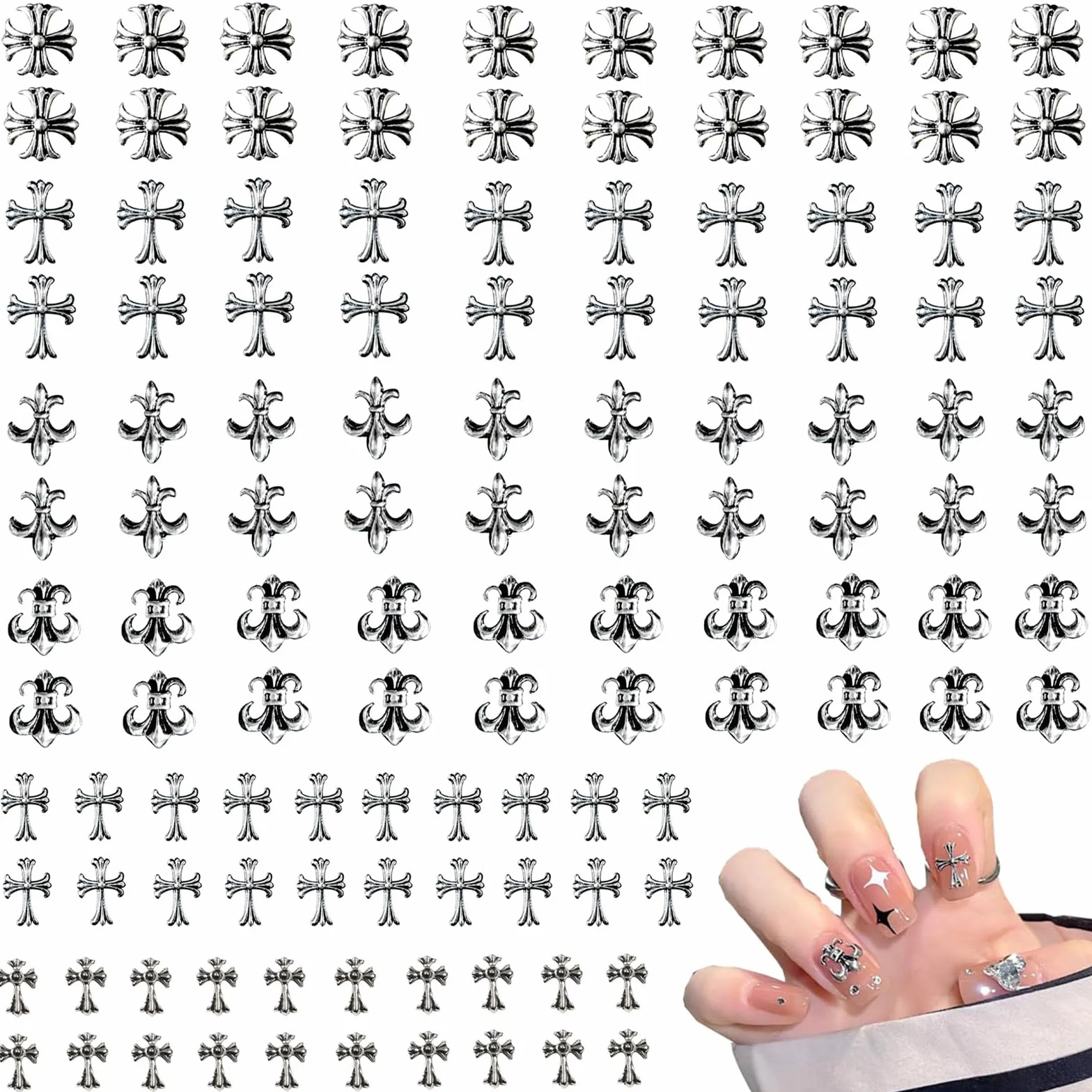 Nayyana® 3D zawieszka do paznokci, chromowane zawieszki 3D, styl vintage, gotycki retro punk, serca, czaszki, mieszane srebro, zawieszki do paznokci