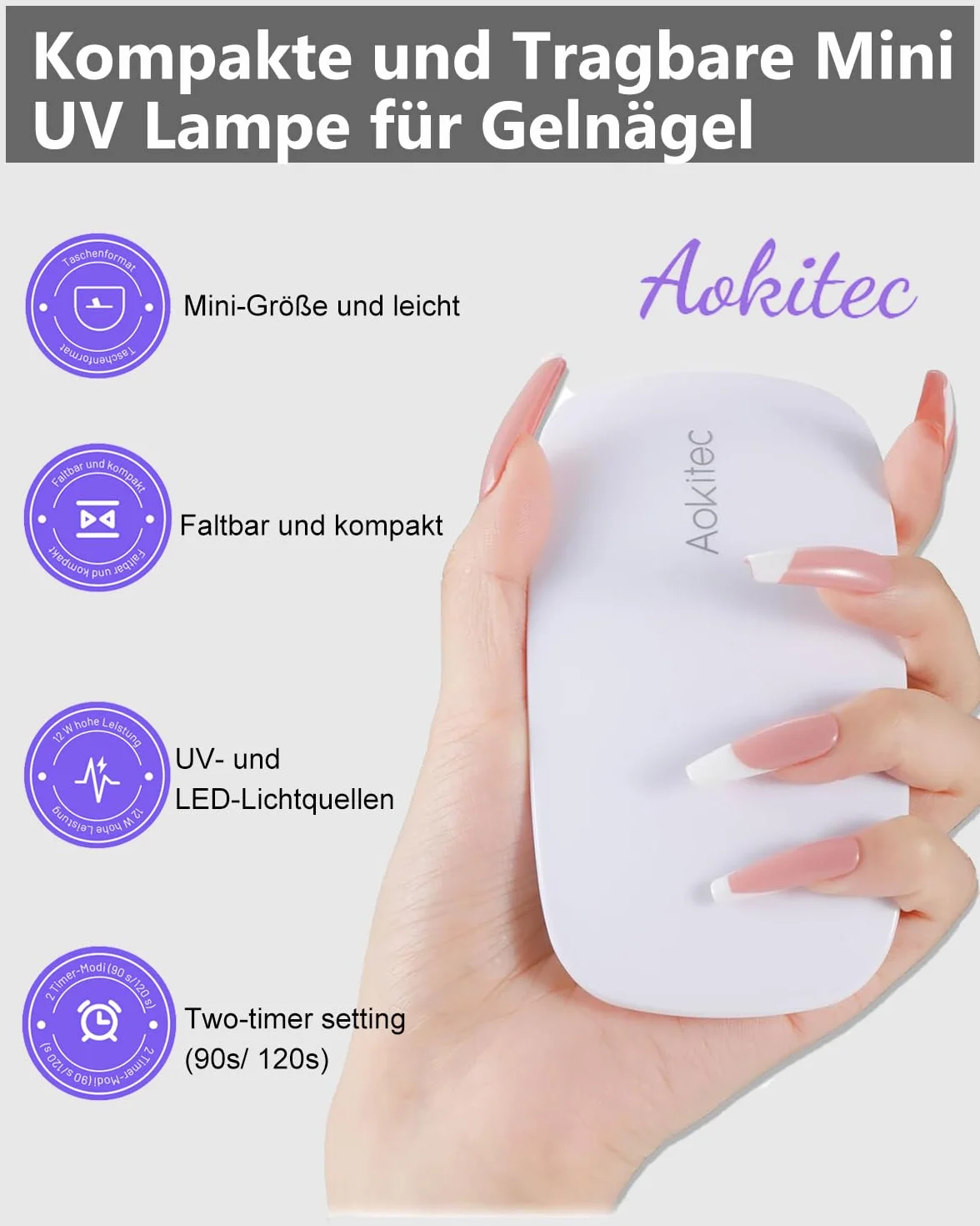Aokitec Suszarka do paznokci 12W, lampa UV LED do wszystkich paznokci żelowych, timer 60/120 s, profesjonalna suszarka do paznokci, zdejmowana płyta podłogowa, szybkoschnąca lampa do paznokci