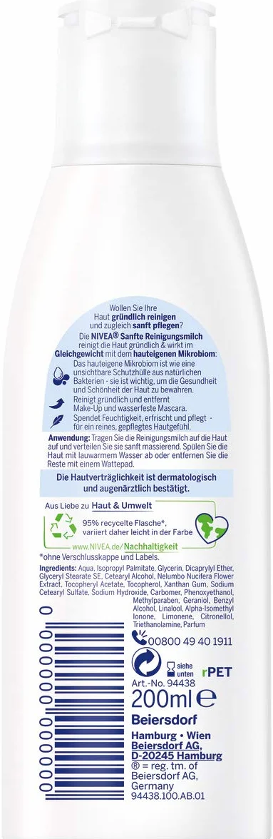NIVEA Delikatne mleczko oczyszczające do każdego rodzaju skóry (200 ml), środek do demakijażu dokładnie oczyszcza, łagodne oczyszczanie twarzy, usuwa makijaż i wodoodporny tusz do rzęs