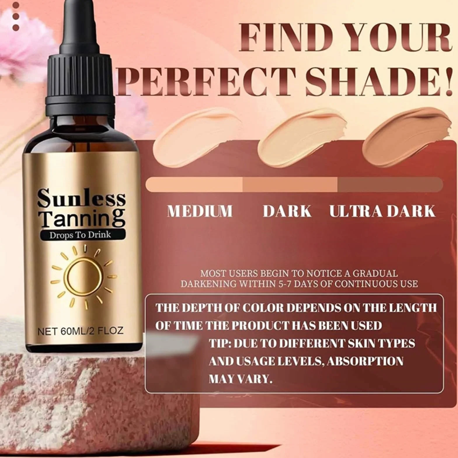 Sunless Tanning Drops To Drink, Selfs Tanner Drops, Olejek do opalania bezsłonecznego, regulowana głębokość przy każdym użyciu, utrzymuje skóry, 60 ml, do użytku wewnątrz i na zewnątrz