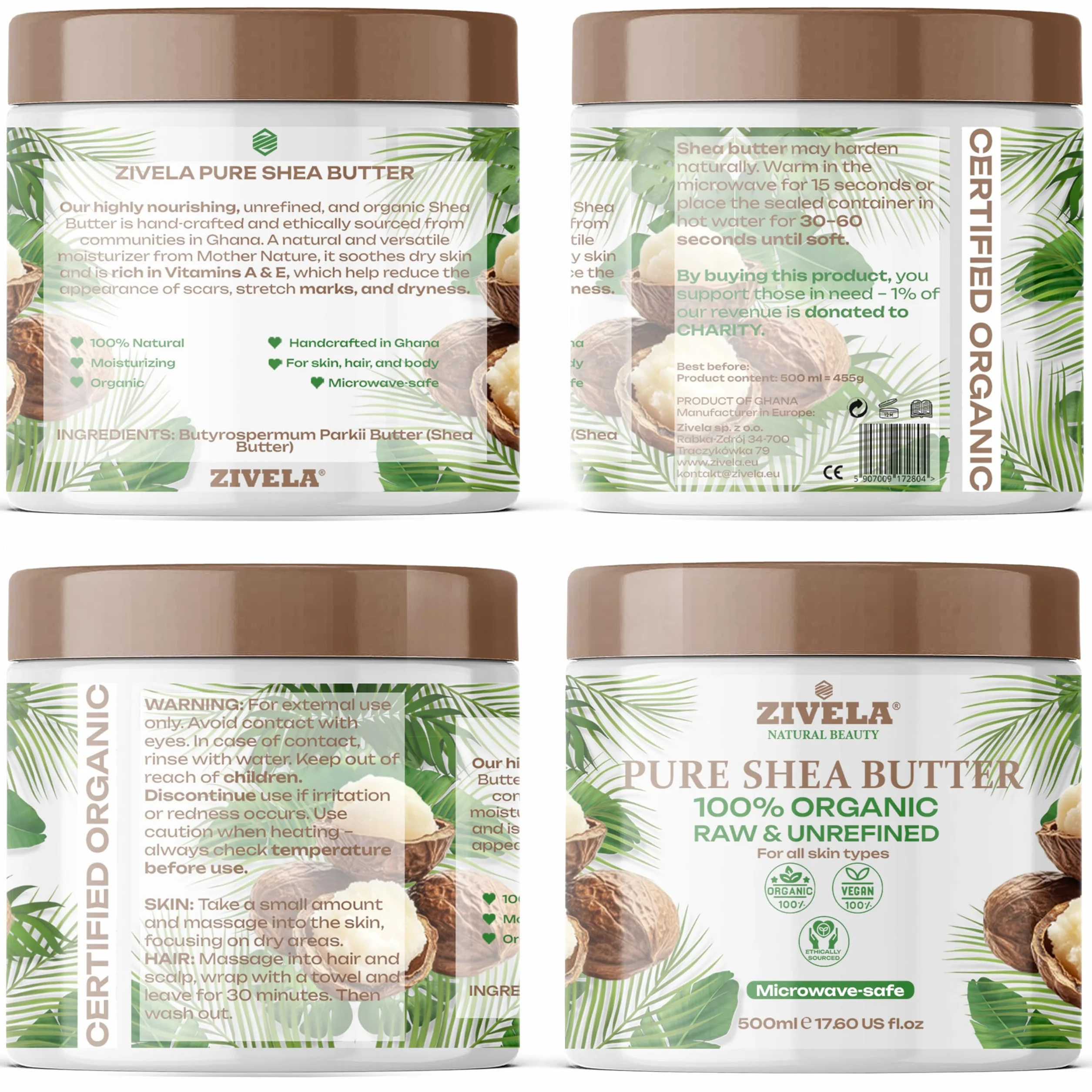 Bio Masło Shea, nierafinowane, 100% czyste, wegańskie, naturalna pielęgnacja ciała masłem shea, gładkie masło z orzechów shea odpowiednie dla każdego typu skóry. (500ml)