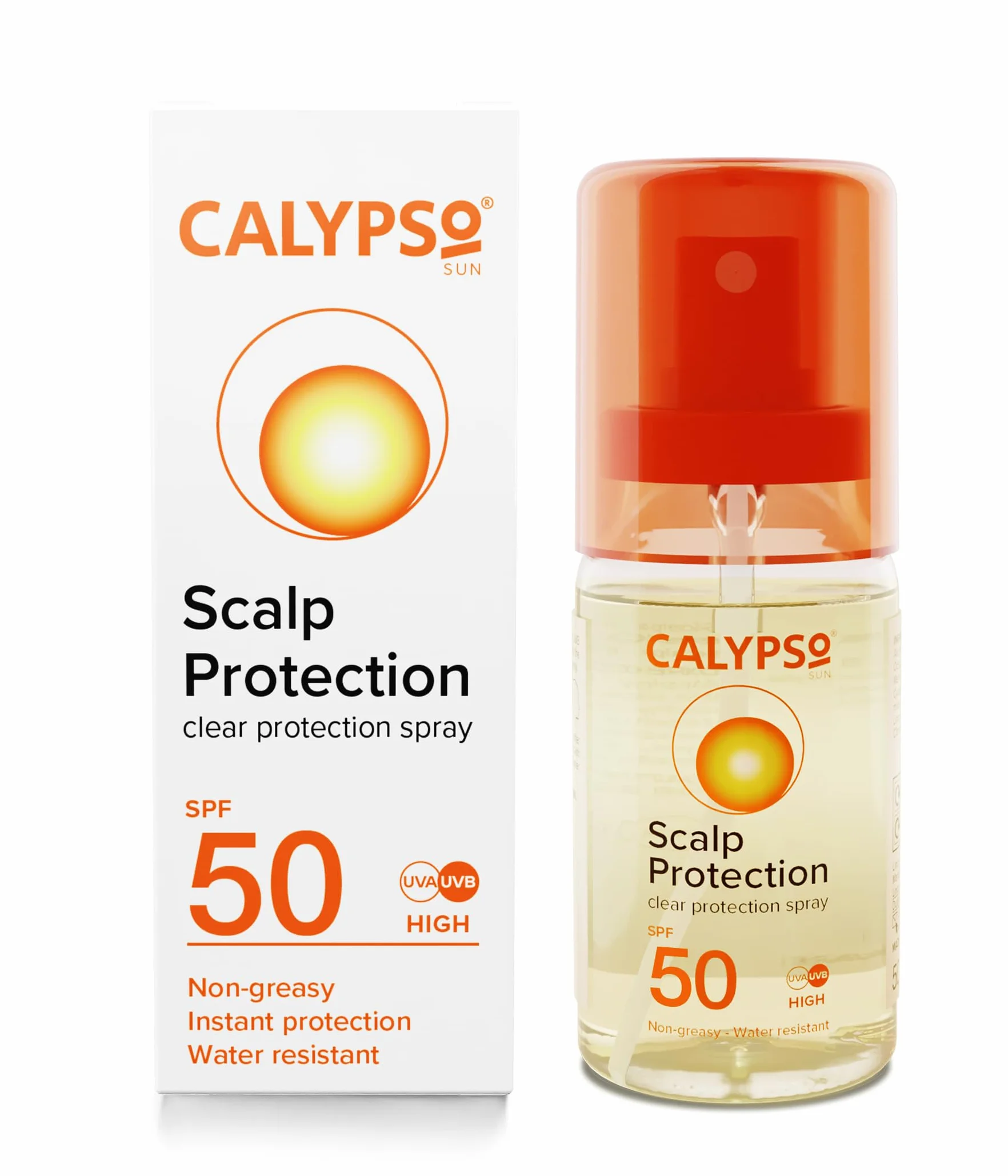 Spray do skóry głowy Calypso Ochrona skóry głowy SPF50 | Wysoka ochrona dla skóry głowy i rozstępu | 50 ml | CALD50SCA, Przezroczysty