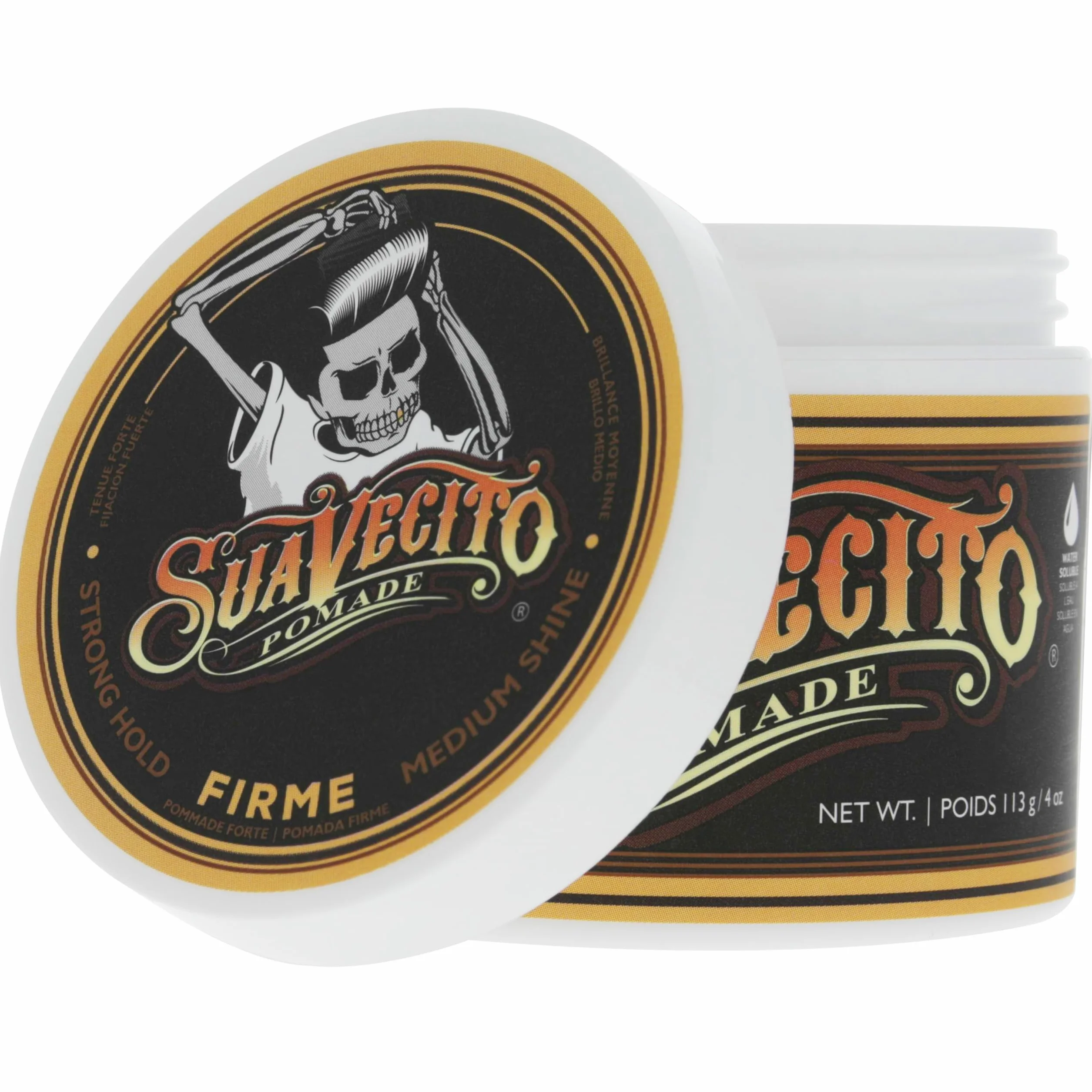 Suavecito Firme Strong Hold Pomada, mocna pompada dla mężczyzn, średni połysk, wosk na bazie wody, bez płatków, 4 oz/113 g