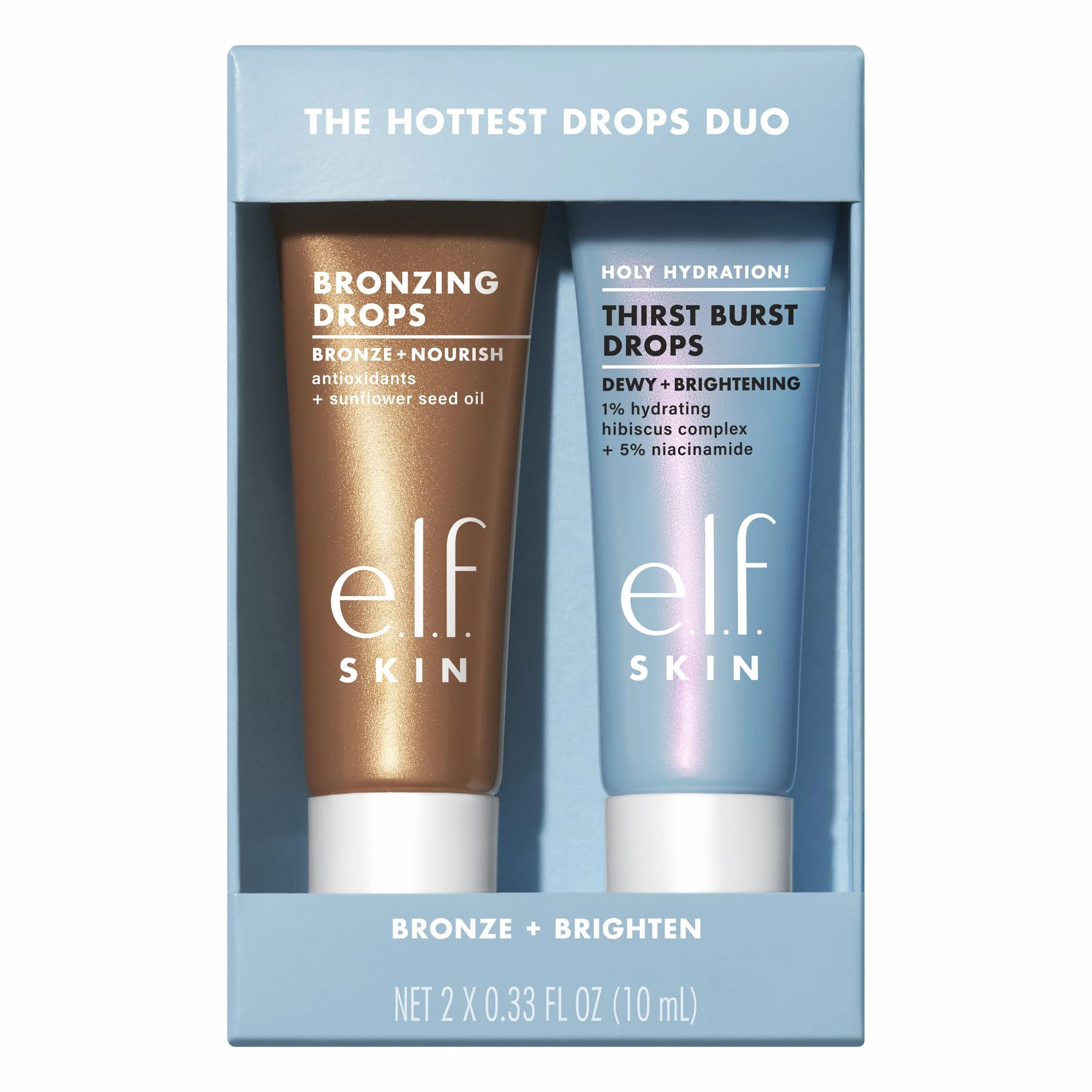 e.l.f. The Hottest Drops Duo, Holy Hydration! Thirst Burst Drops & Bronzing Drops, Serum rozjaśniające i Bronzer, z kwasem hialuronowym i 5% niacynamidem, wegańskie i wolne od okrucieństwa