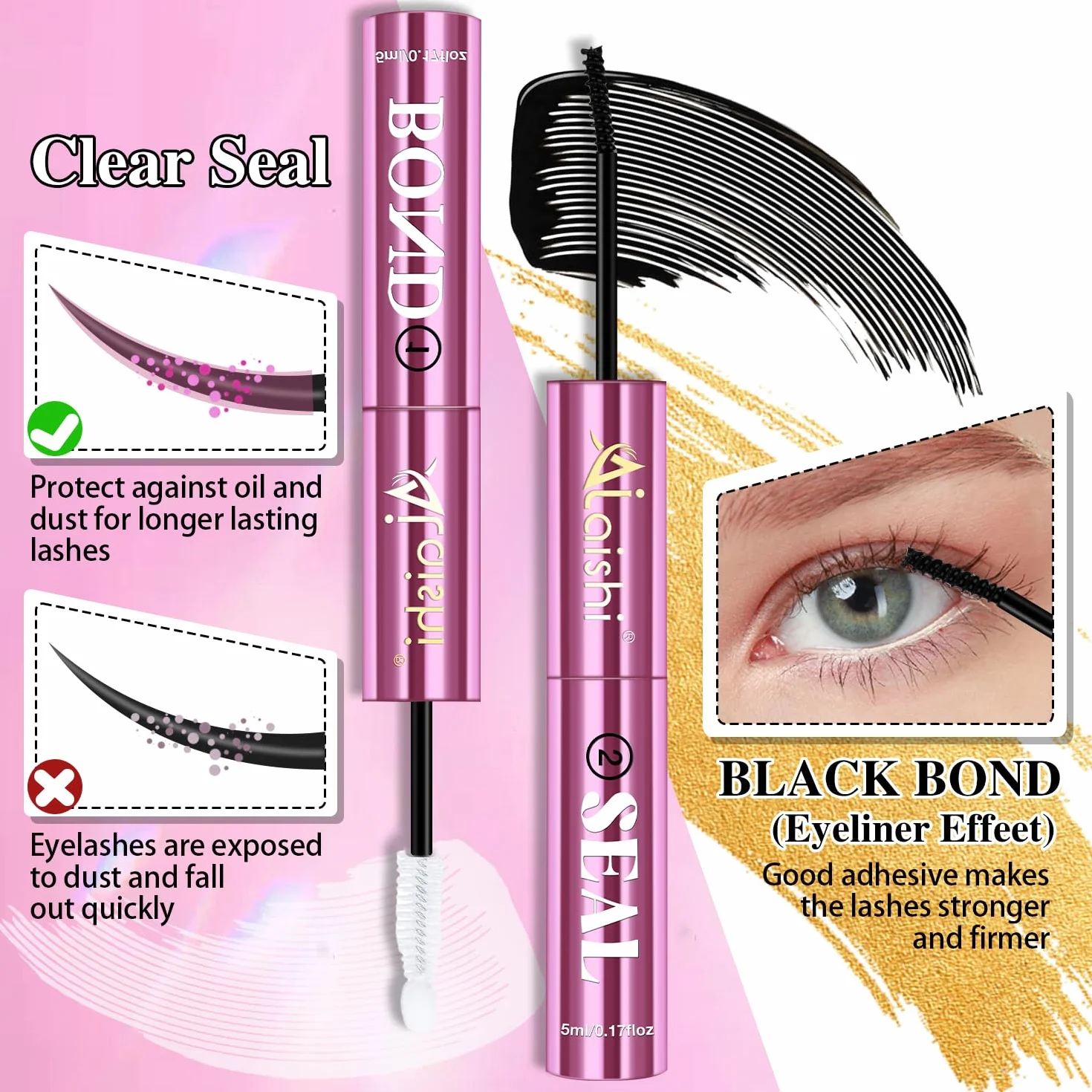 Klej do rzęs Lash Bond And Seal – Długi Czas Trwania 150 Godzin, Nie Drażniący, Dla Wrażliwych Oczu, do DIY Pojedynczych Włókien w Domu – Czarny (5ml+5ml)