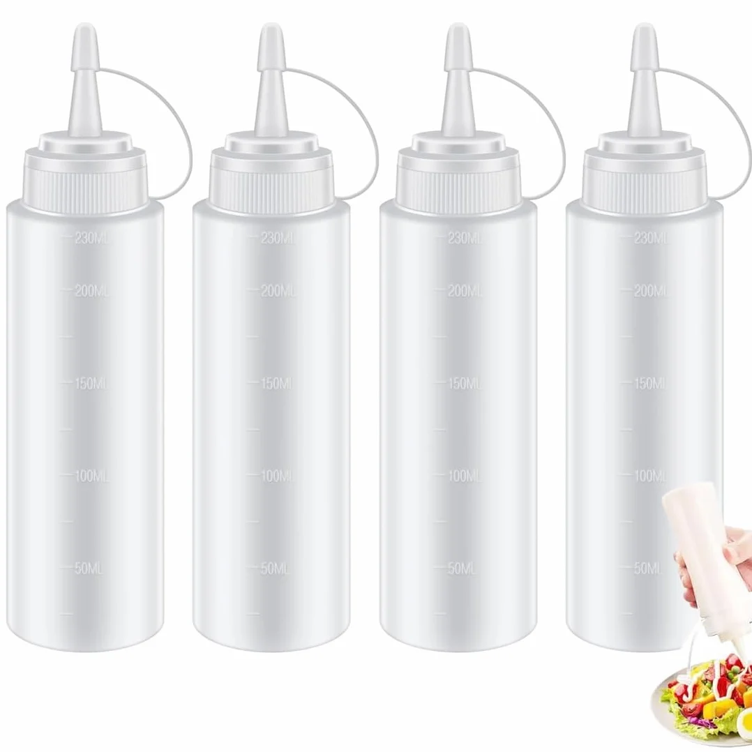 4 szt. Plastikowa butelka do wyciskania, 230 ml, butelka do wyciskania z zakrętkami, butelka z oliwek do wyciskania, dozownik do domu i restauracji, musztarda, mayo, gorące sosy, oliwa z oliwek