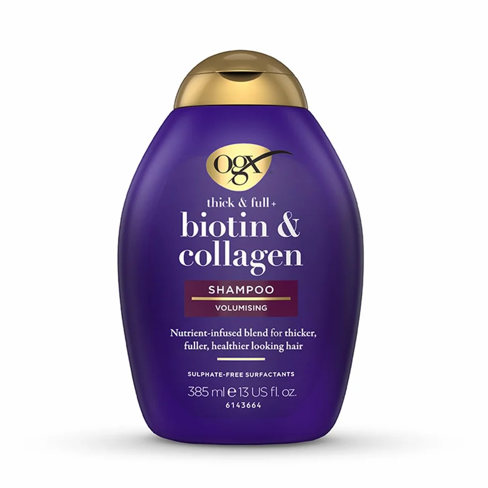 OGX Szampon Biotin & Collagen (385 ml), biotyna, kolagen i hydrolizowane białko pszenicy, bez siarczanów i parabenów, wzmacniacz i teksturyzator do włosów (opakowanie może się różnić)