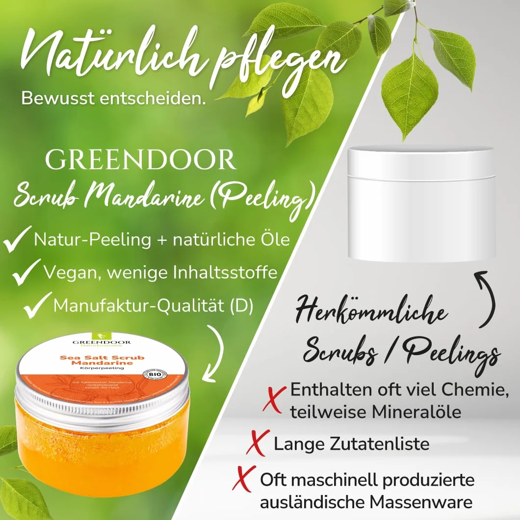 GREENDOOR Peeling do ciała, sól morska, mandarynka, 280 g, naturalny peeling bez mikroplastiku, peeling pod prysznic bez konserwacji, z ekologicznym olejkiem jojoba, naturalny kosmetyk do ciała,