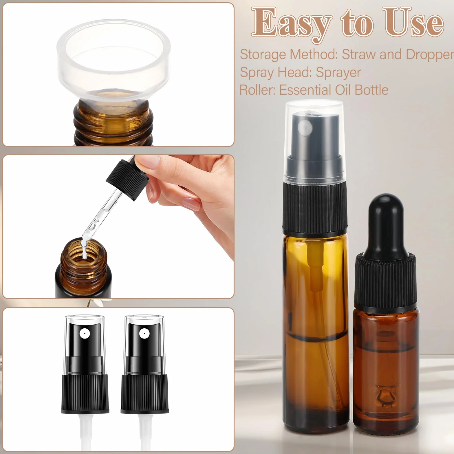 16 sztuk próżniowe rolki do olejków eterycznych, brązowe puste szklane butelki 5 ml/10 ml z kulką ze stali nierdzewnej, butelki z rozpylaczem próżniowym do aromaterapii, perfumy podróżne,