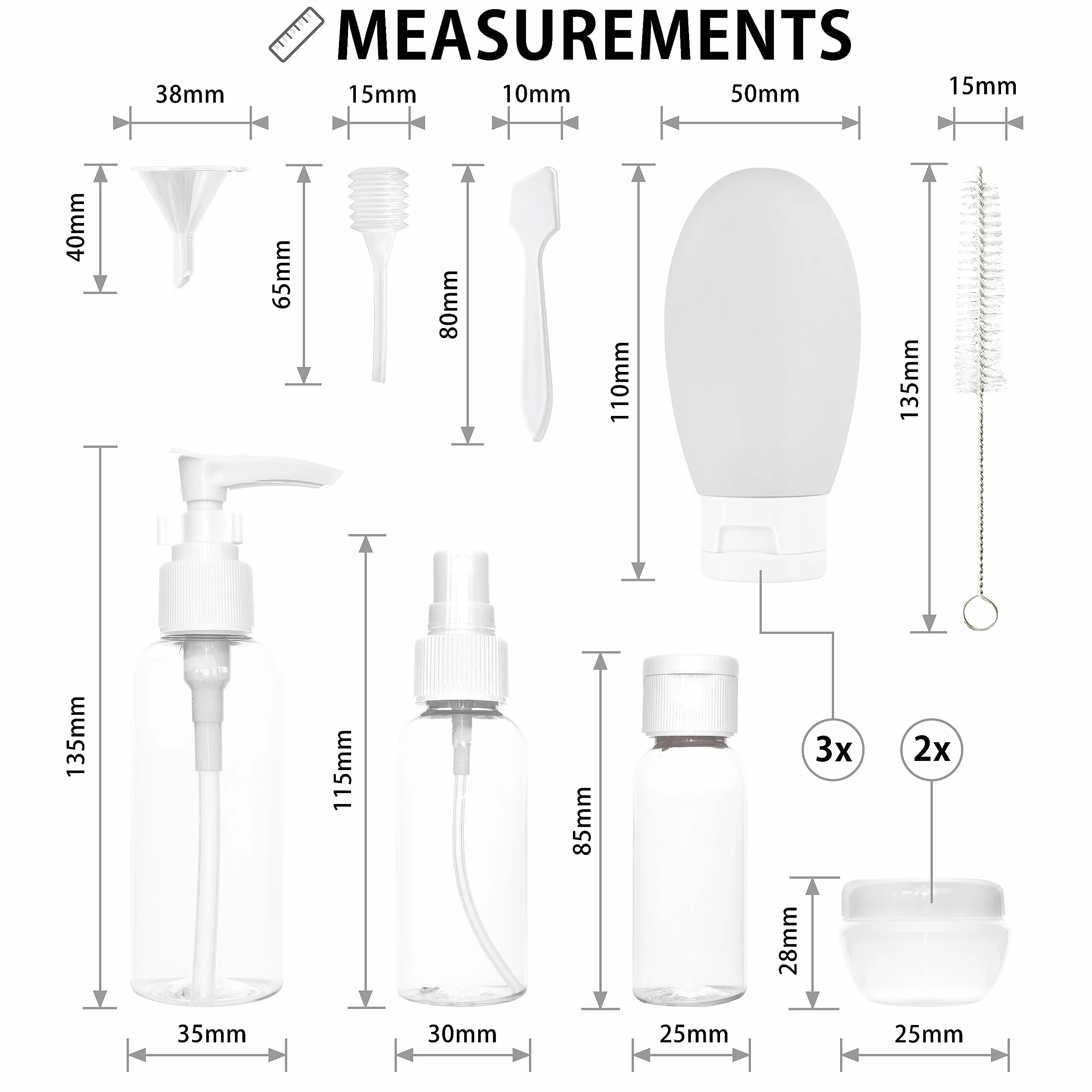 MyGadget Akcesoria podróżne [14 szt.] - butelki/pojemniki do wielokrotnego napełniania na kosmetyki i płyny - zatwierdzone do podróży samolotem - puste akcesoria lotnicze do bagażu, biały, Travel Set