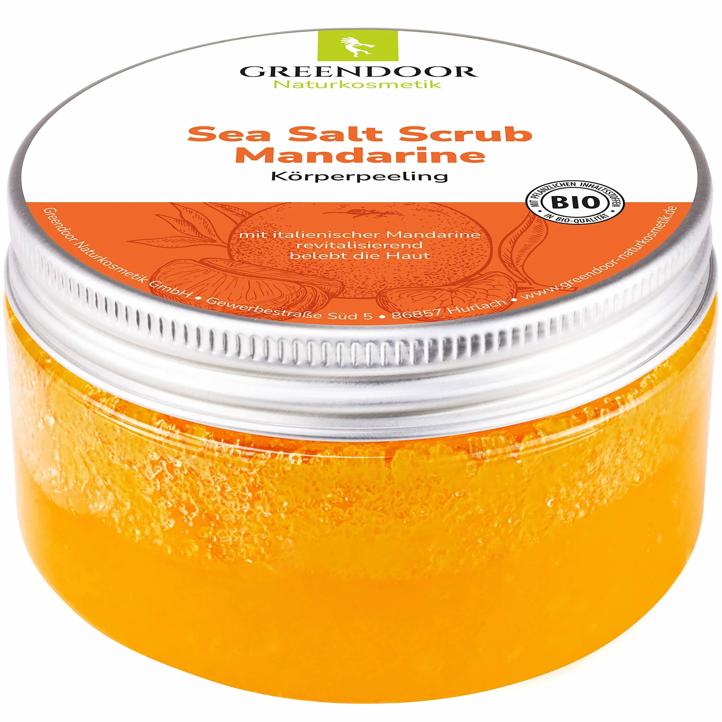 GREENDOOR Peeling do ciała, sól morska, mandarynka, 280 g, naturalny peeling bez mikroplastiku, peeling pod prysznic bez konserwacji, z ekologicznym olejkiem jojoba, naturalny kosmetyk do ciała,