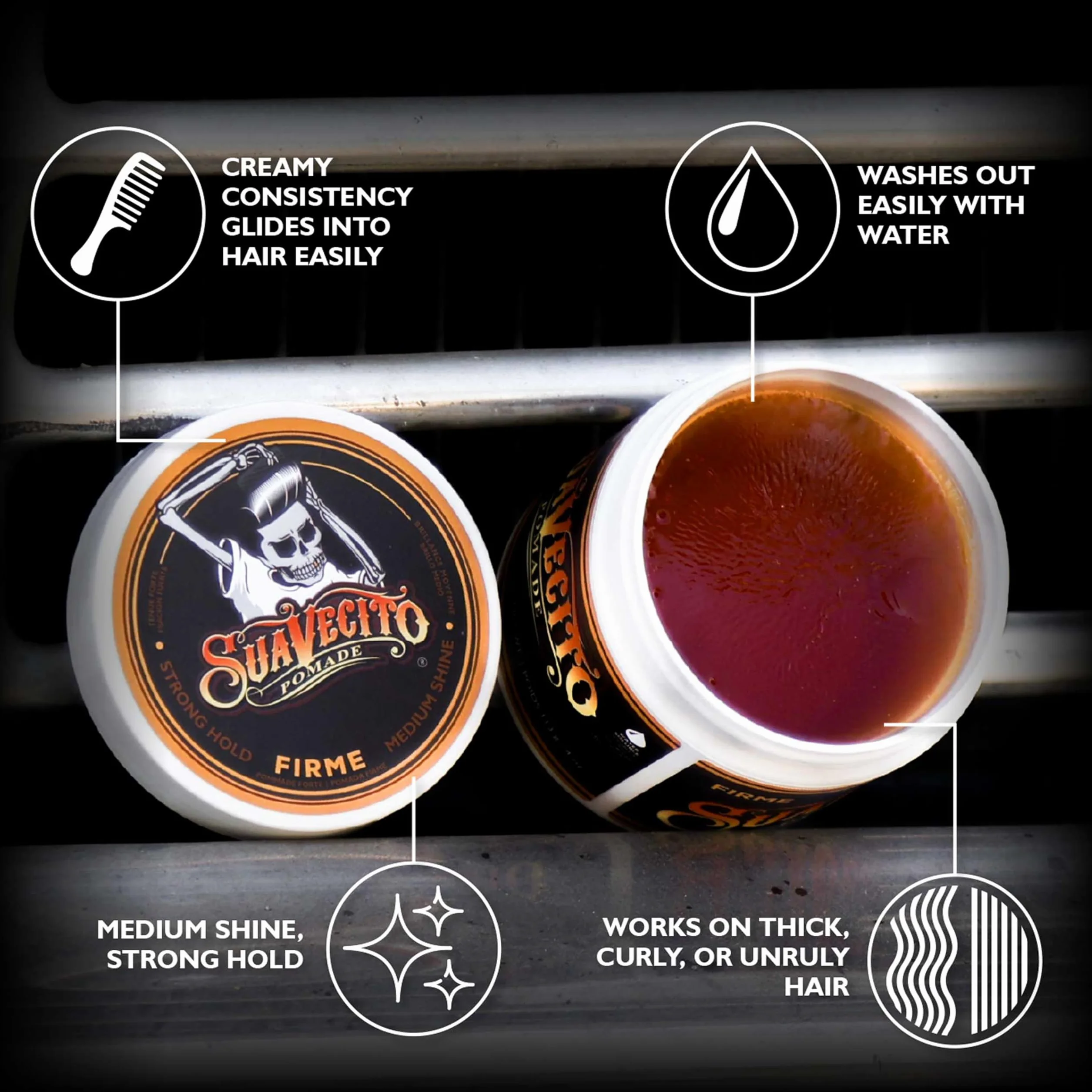 Suavecito Firme Strong Hold Pomada, mocna pompada dla mężczyzn, średni połysk, wosk na bazie wody, bez płatków, 4 oz/113 g