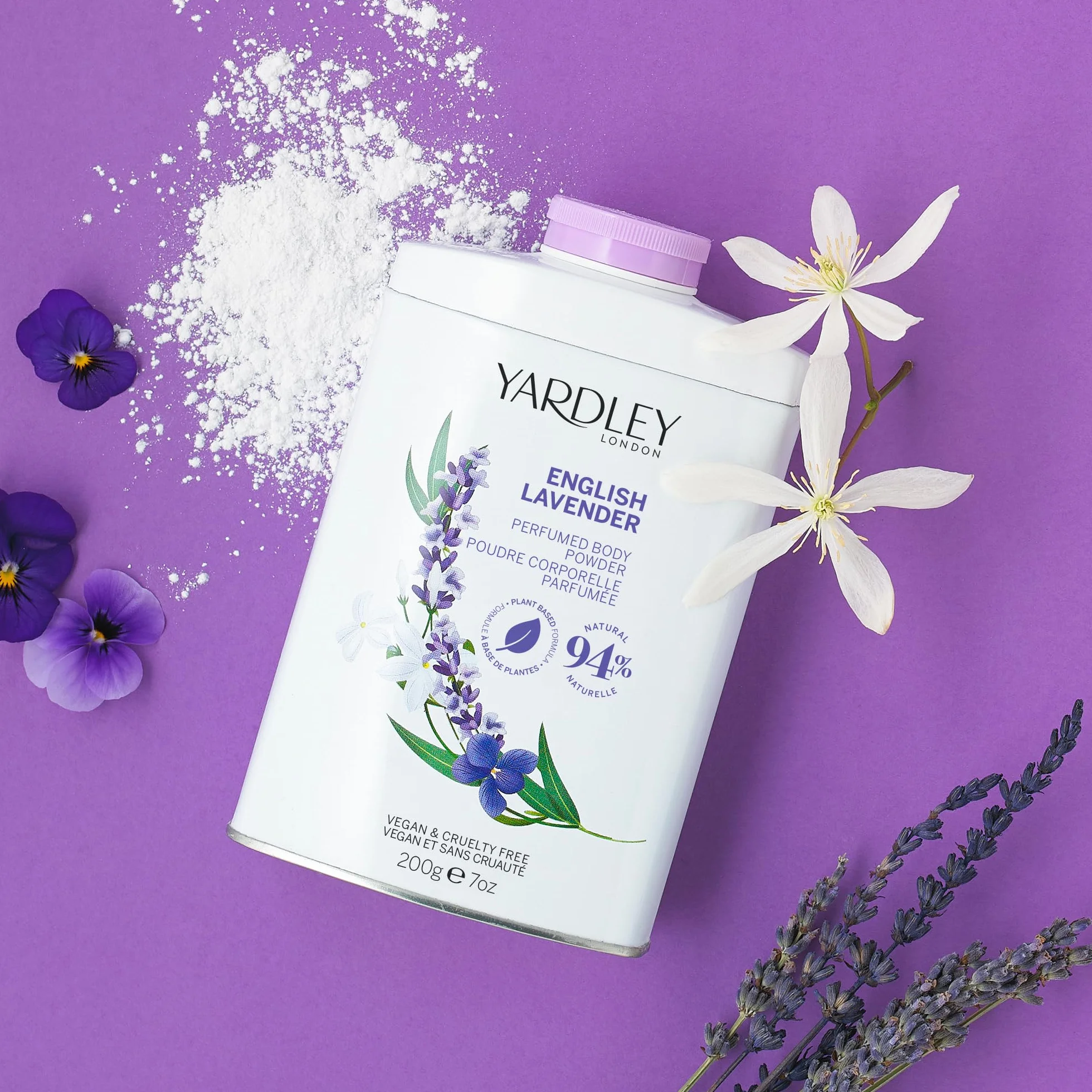 Yardley London English Lavender Perfumed Body Powder, Talk dla kobiet pomagający w walce z nieprzyjemnym zapachem i otarciami, Puder do ciała English Lavender 200g