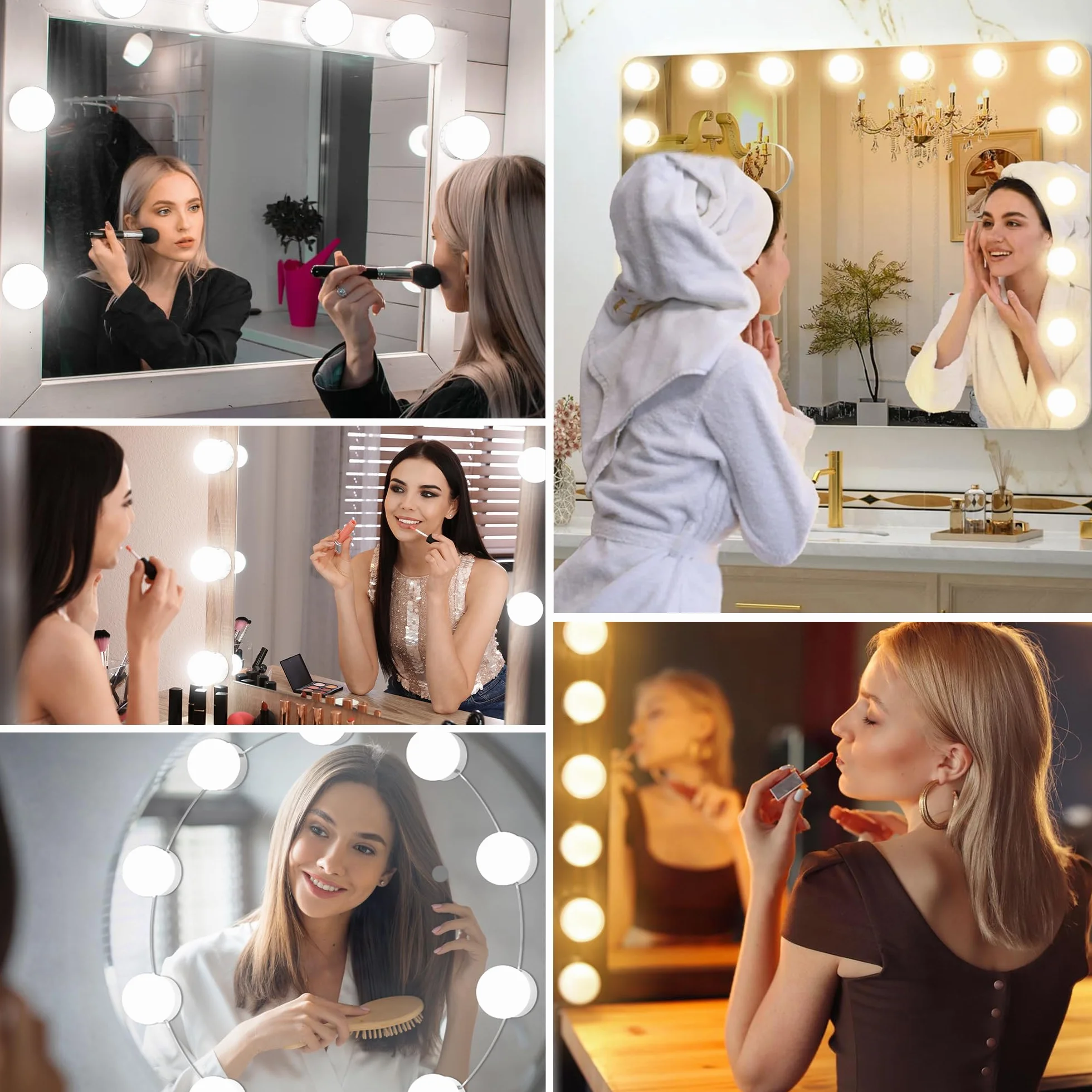 daphomeu Oświetlenie lustrzane, 10 żarówek Hollywood Zestaw świetlny LED, doskonale ukryte kable, 3 kolory i 10 intensywności, lustrzane światło USB do toaletki do makijażu