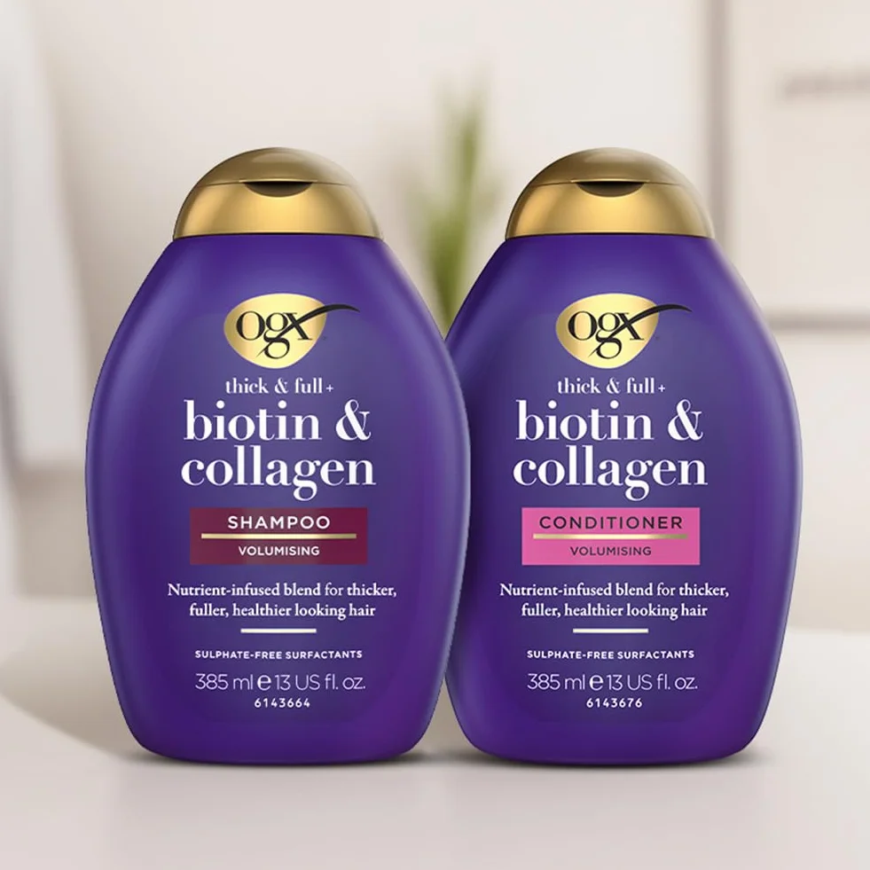 OGX Szampon Biotin & Collagen (385 ml), biotyna, kolagen i hydrolizowane białko pszenicy, bez siarczanów i parabenów, wzmacniacz i teksturyzator do włosów (opakowanie może się różnić)