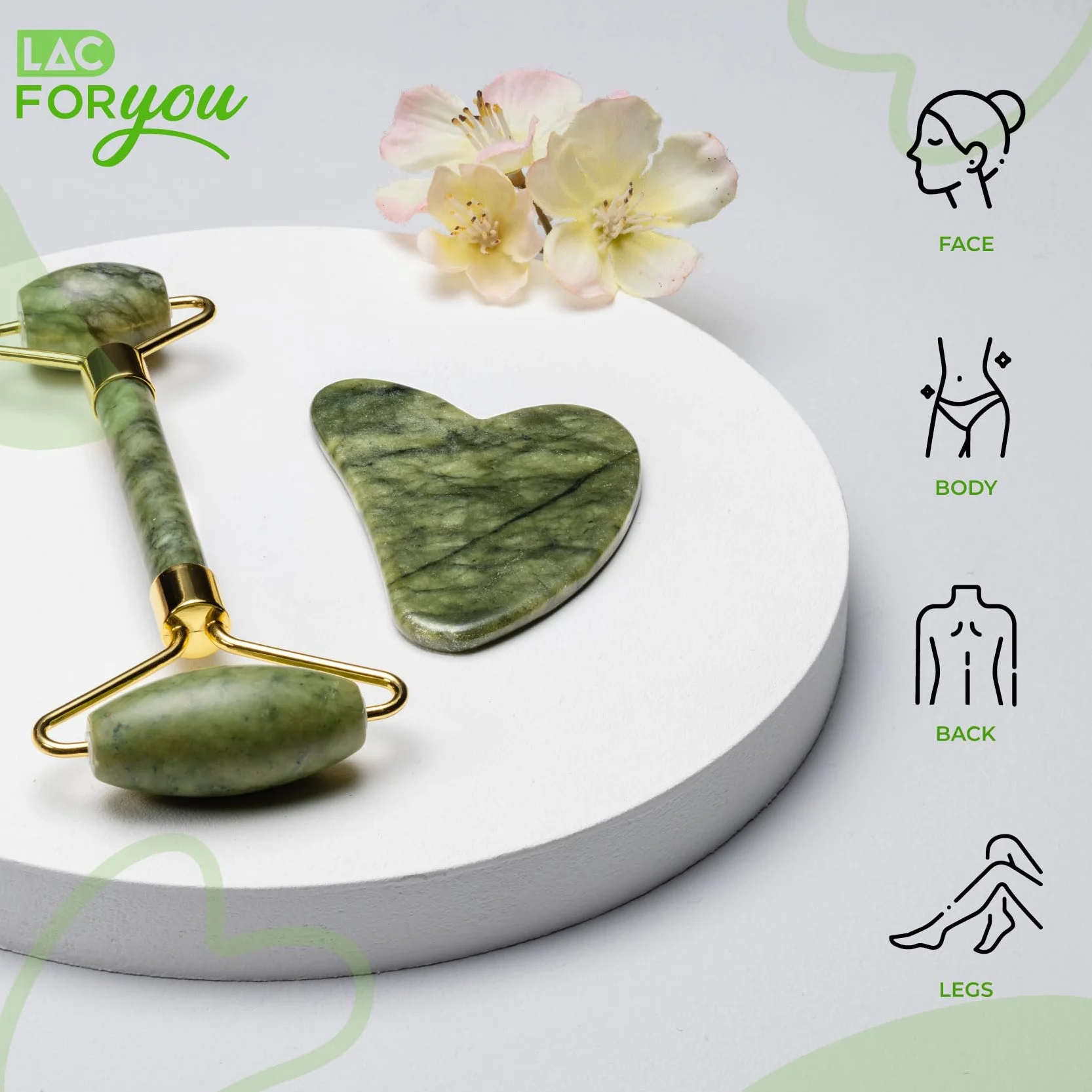 LAC FOR YOU Kamień Gua Sha Naturalna Prawdziwa Jadeitowa Rolka - Roller Masażer do twarzy przeciwzmarszczkowy - 2 szt. Zestaw do pielęgnacji skóry