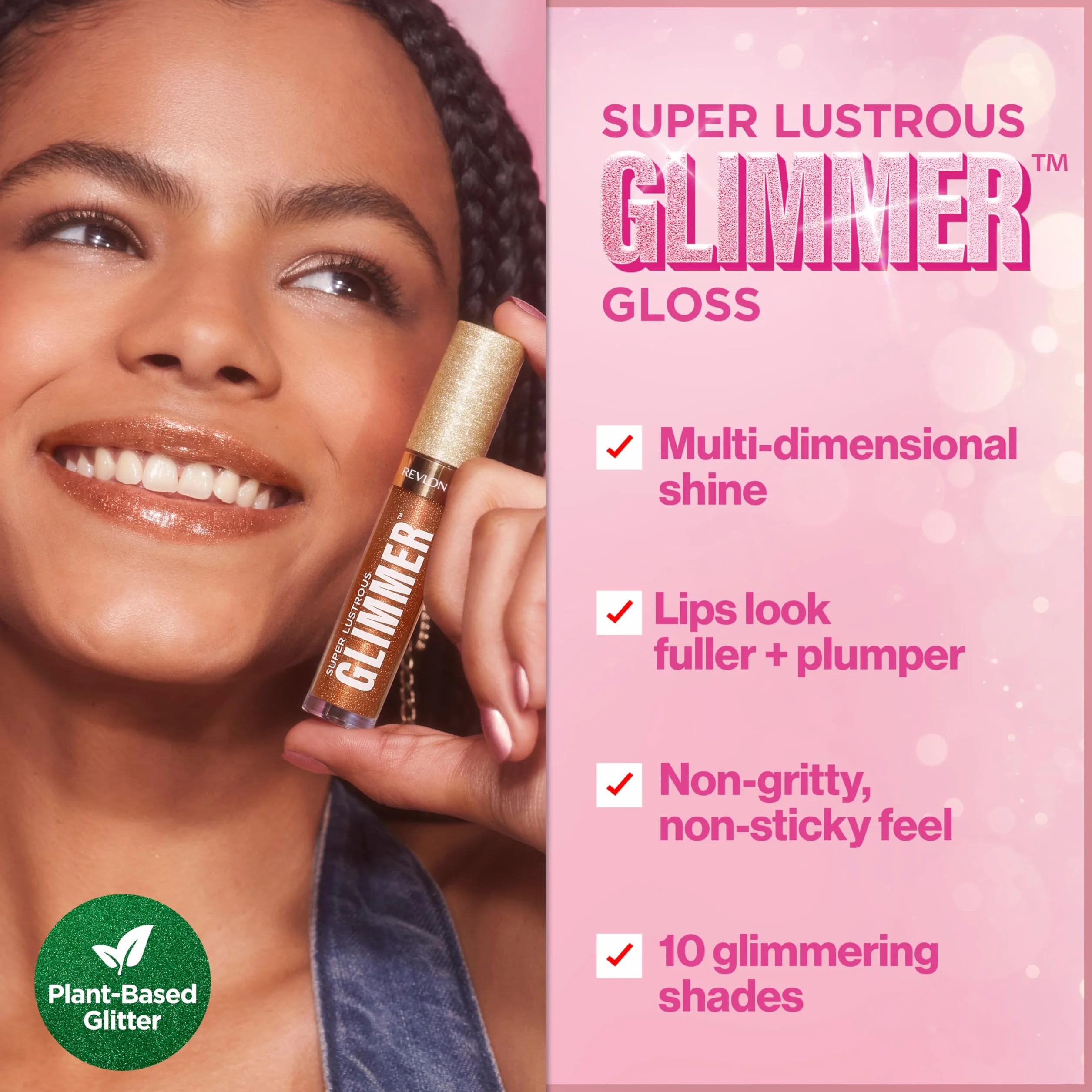 Revlon Super Lustrous Glimmer Gloss, nawilżający i amortyzujący, ultra-błyszczące wykończenie, formuła na bazie roślinnej, 005 Glazed Almond, 3,8 ml