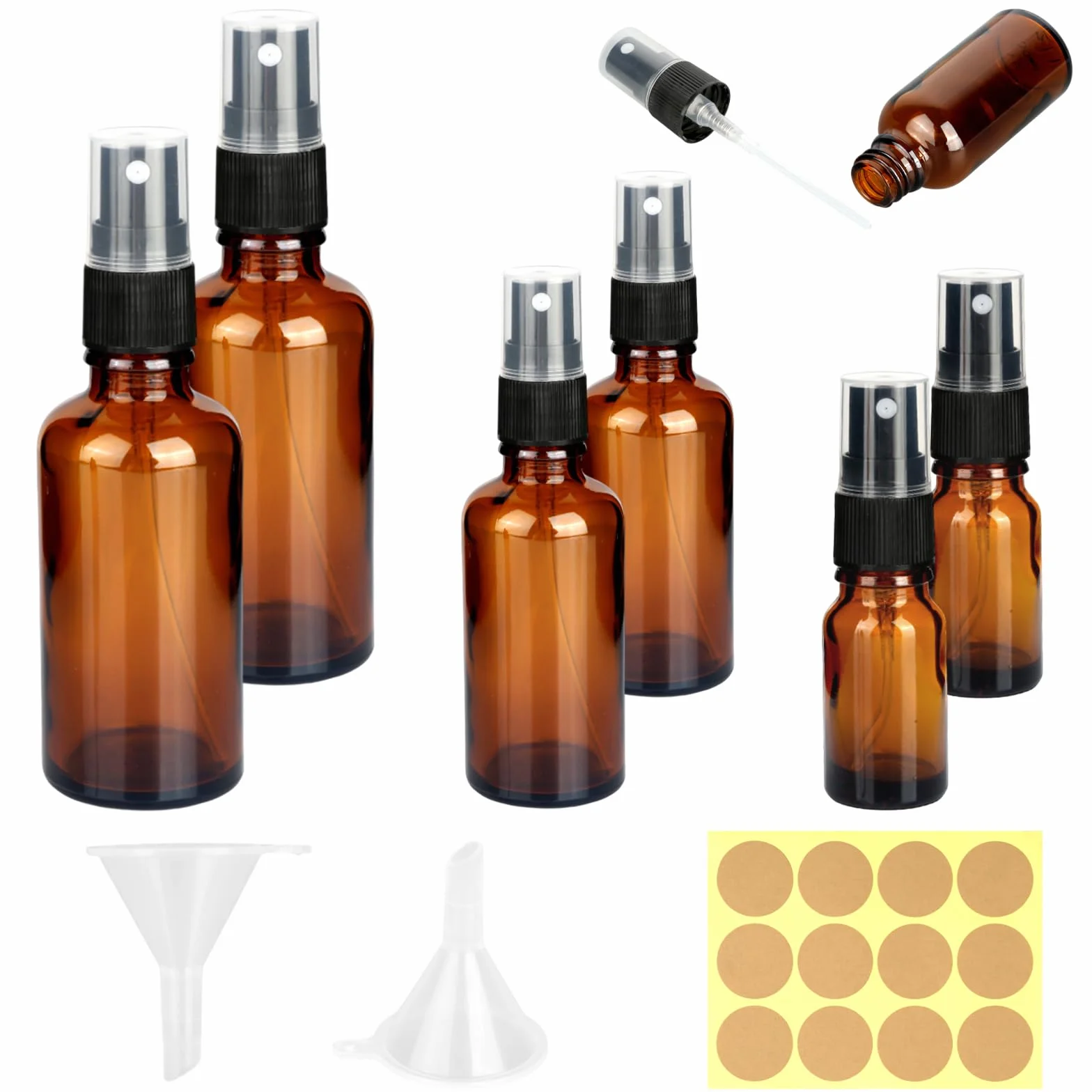 RVLZKCPG 6 sztuk butelek z rozpylaczem z brązowego szkła, 10 ml/30 ml/50 ml, małe szkło, szklane butelki z rozpylaczem z lejkiem i naklejką, do ponownego napełniania, puste butelki z rozpylaczem do