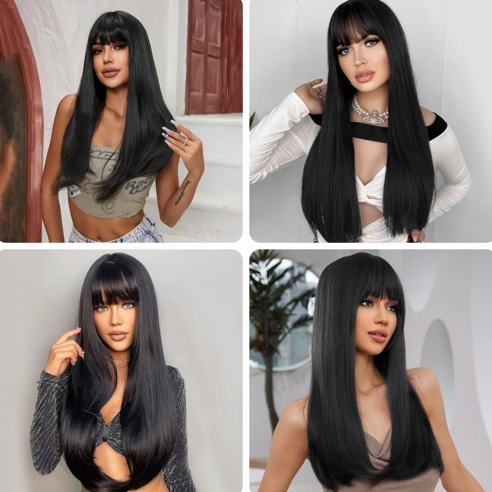 Długa czarna peruka damska peruka syntetyczna prosta z grzywką impreza cosplay wielowarstwowa 70 cm