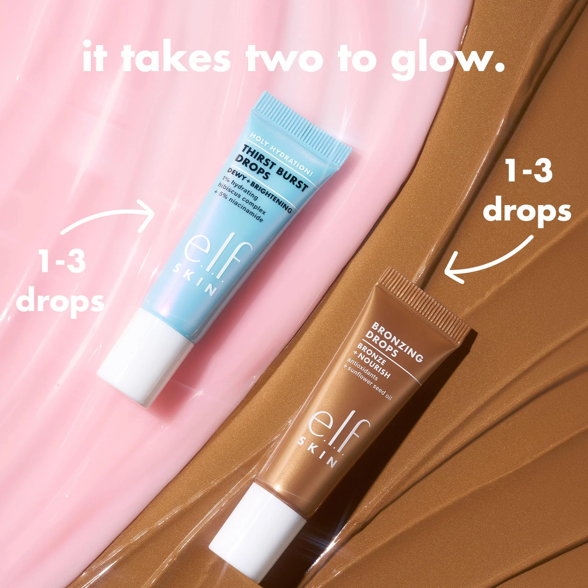 e.l.f. The Hottest Drops Duo, Holy Hydration! Thirst Burst Drops & Bronzing Drops, Serum rozjaśniające i Bronzer, z kwasem hialuronowym i 5% niacynamidem, wegańskie i wolne od okrucieństwa