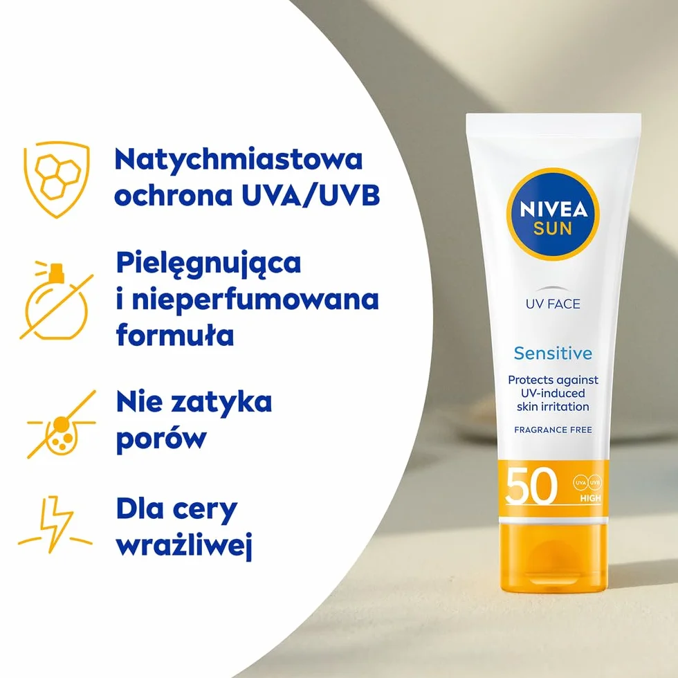 NIVEA SUN Sensitive Przeciwsłoneczny krem do twarz dla skóry wrażliwej SPF50, 50ml