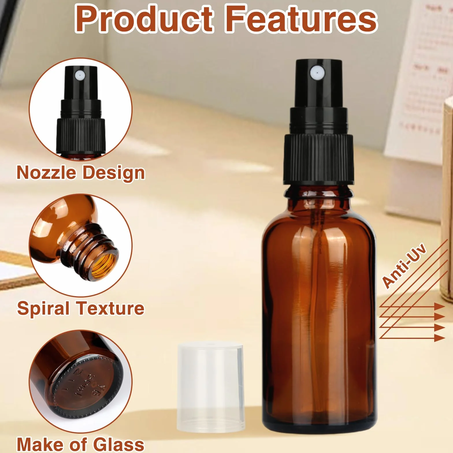 RVLZKCPG 6 sztuk butelek z rozpylaczem z brązowego szkła, 10 ml/30 ml/50 ml, małe szkło, szklane butelki z rozpylaczem z lejkiem i naklejką, do ponownego napełniania, puste butelki z rozpylaczem do