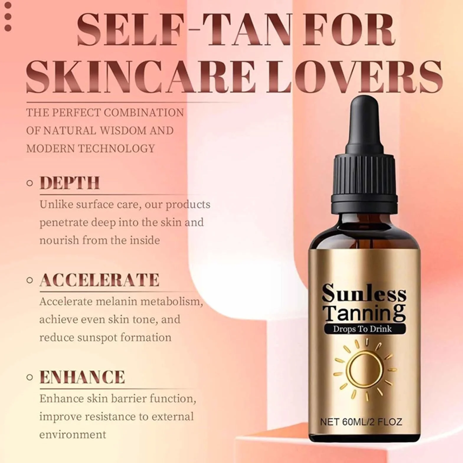 Sunless Tanning Drops To Drink, Selfs Tanner Drops, Olejek do opalania bezsłonecznego, regulowana głębokość przy każdym użyciu, utrzymuje skóry, 60 ml, do użytku wewnątrz i na zewnątrz