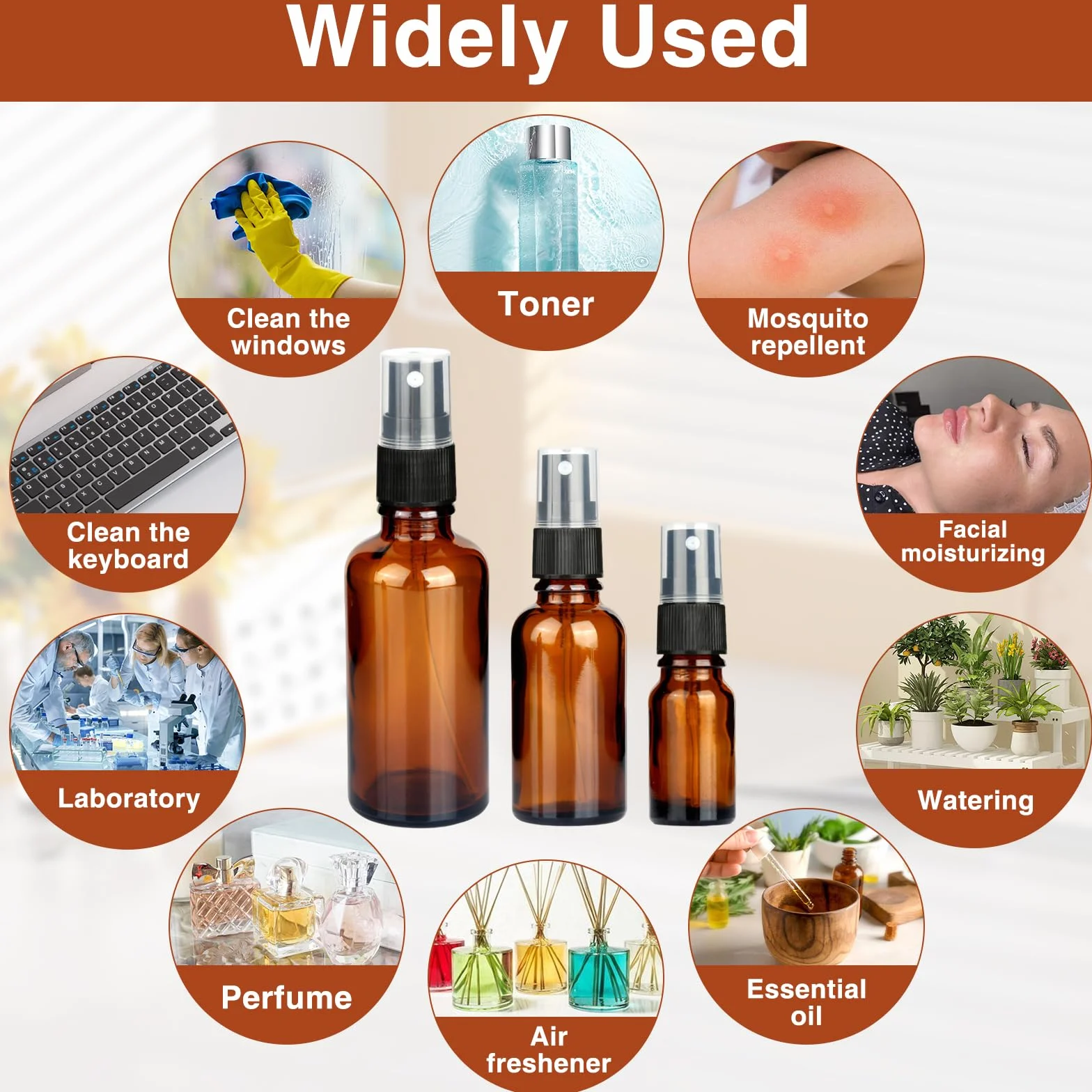 RVLZKCPG 6 sztuk butelek z rozpylaczem z brązowego szkła, 10 ml/30 ml/50 ml, małe szkło, szklane butelki z rozpylaczem z lejkiem i naklejką, do ponownego napełniania, puste butelki z rozpylaczem do