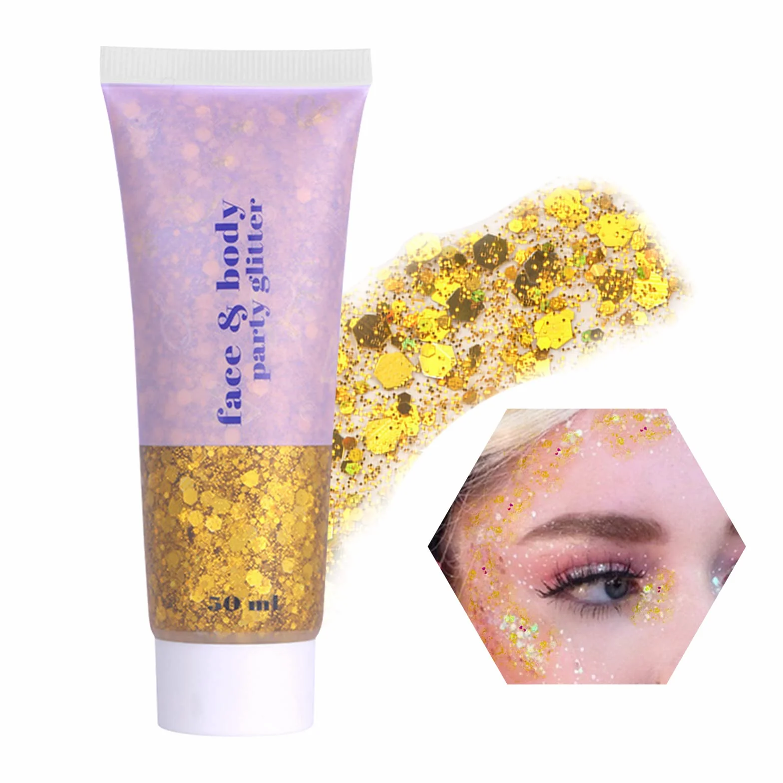 Bestauty Żel brokatowy do ciała, 50 ml, brokatowy żel do twarzy, włosów, ust, paznokci, DIY, długotrwały makijaż na festiwal, imprezę (złoty, 50 ml)