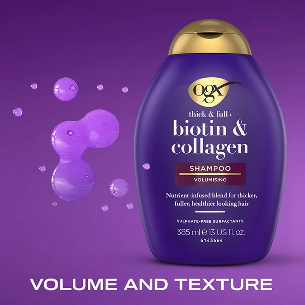 OGX Szampon Biotin & Collagen (385 ml), biotyna, kolagen i hydrolizowane białko pszenicy, bez siarczanów i parabenów, wzmacniacz i teksturyzator do włosów (opakowanie może się różnić)