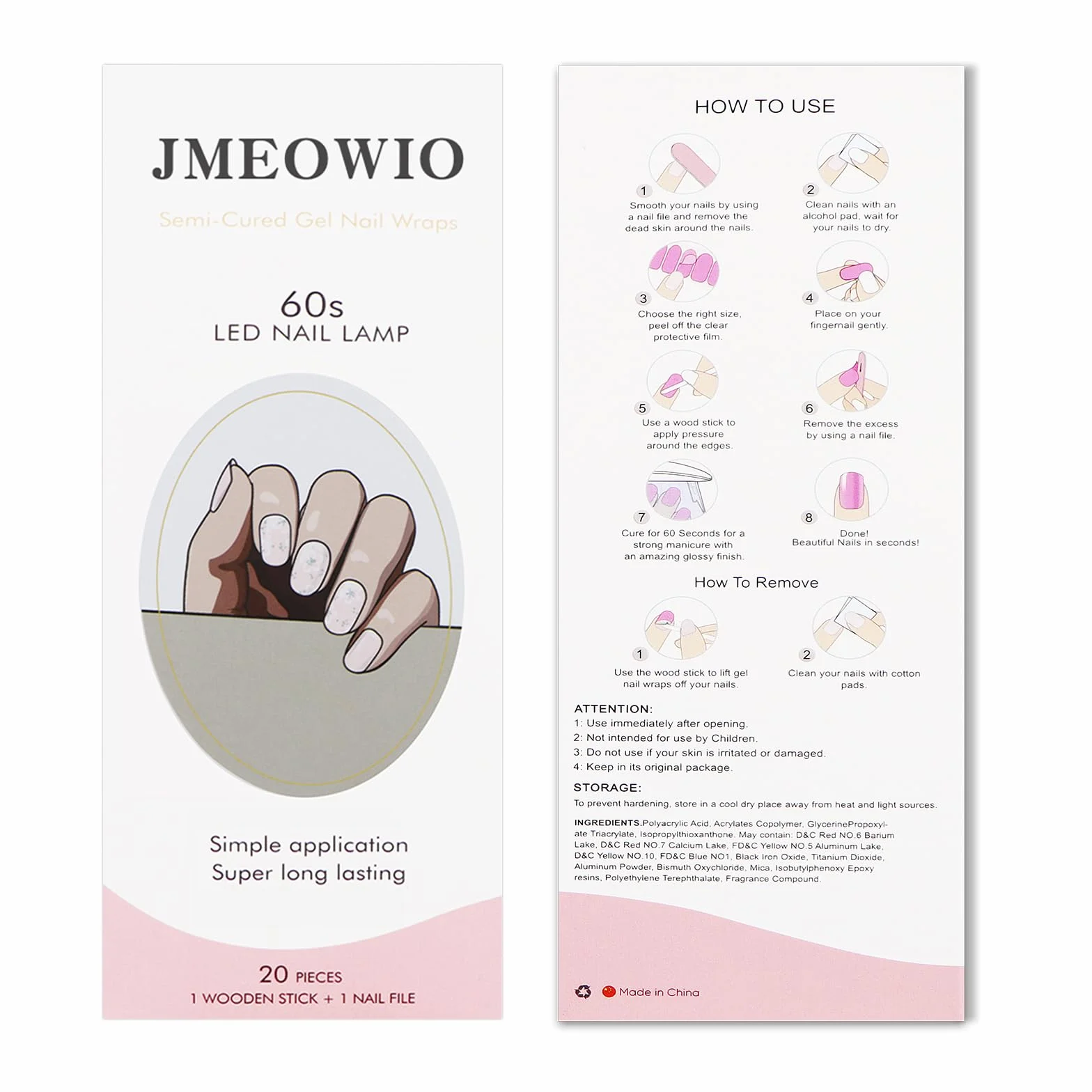 JMEOWIO Naklejki żelowe do paznokci brokat biały kwiat częściowo utwardzone żelowe paski do paznokci okłady UV/LED paznokcie sztuka design akcesoria dekoracyjne