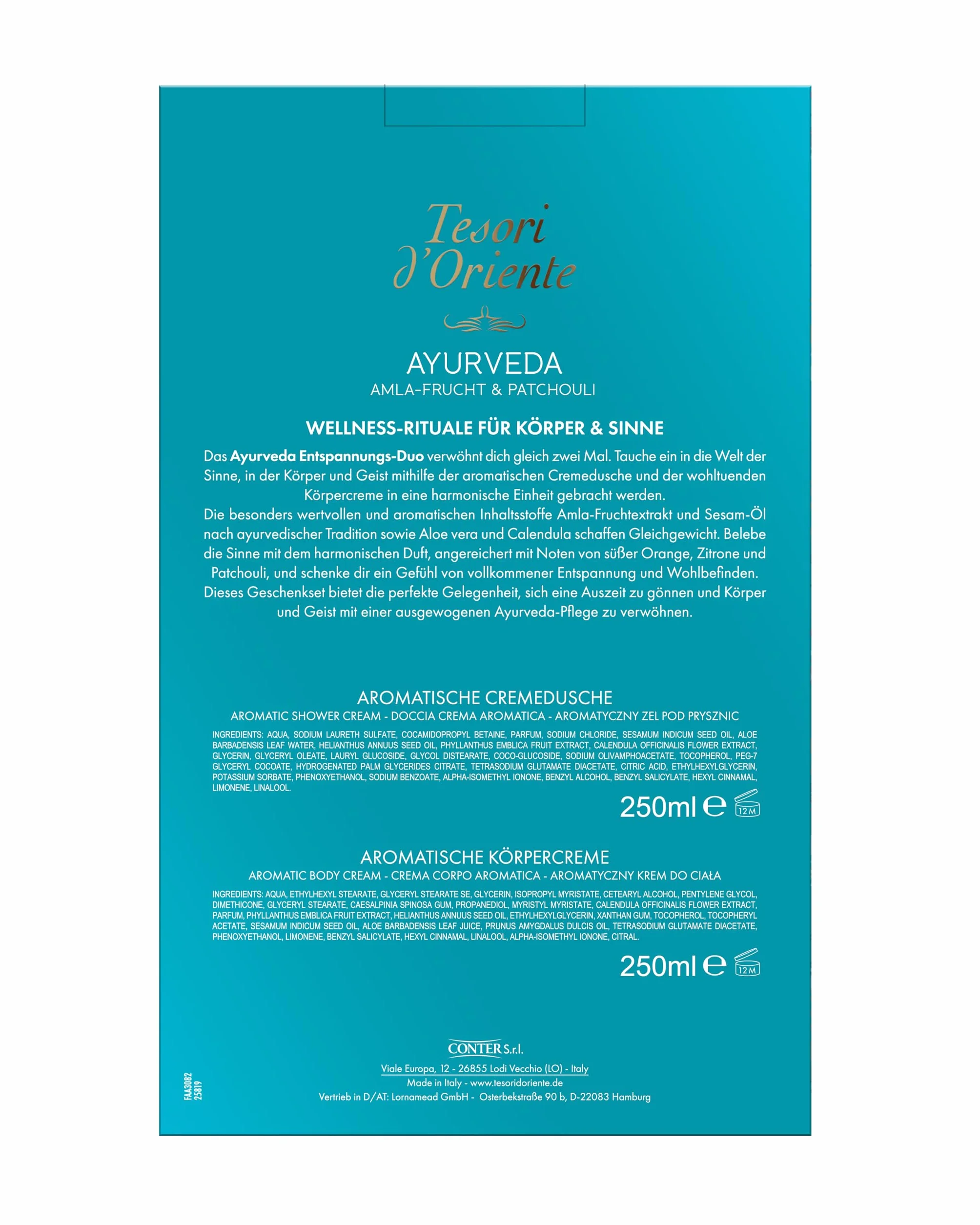 TESORI D'ORIENTE Zestaw upominkowy pod prysznic i krem do ciała "Ayurveda" 250 ml, aromatyczna pielęgnacja ciała, wellness dla ciała i zmysłów