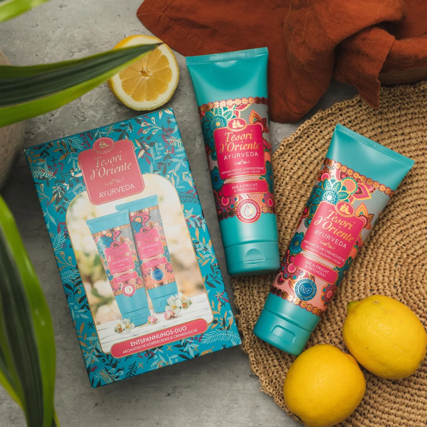 TESORI D'ORIENTE Zestaw upominkowy pod prysznic i krem do ciała "Ayurveda" 250 ml, aromatyczna pielęgnacja ciała, wellness dla ciała i zmysłów