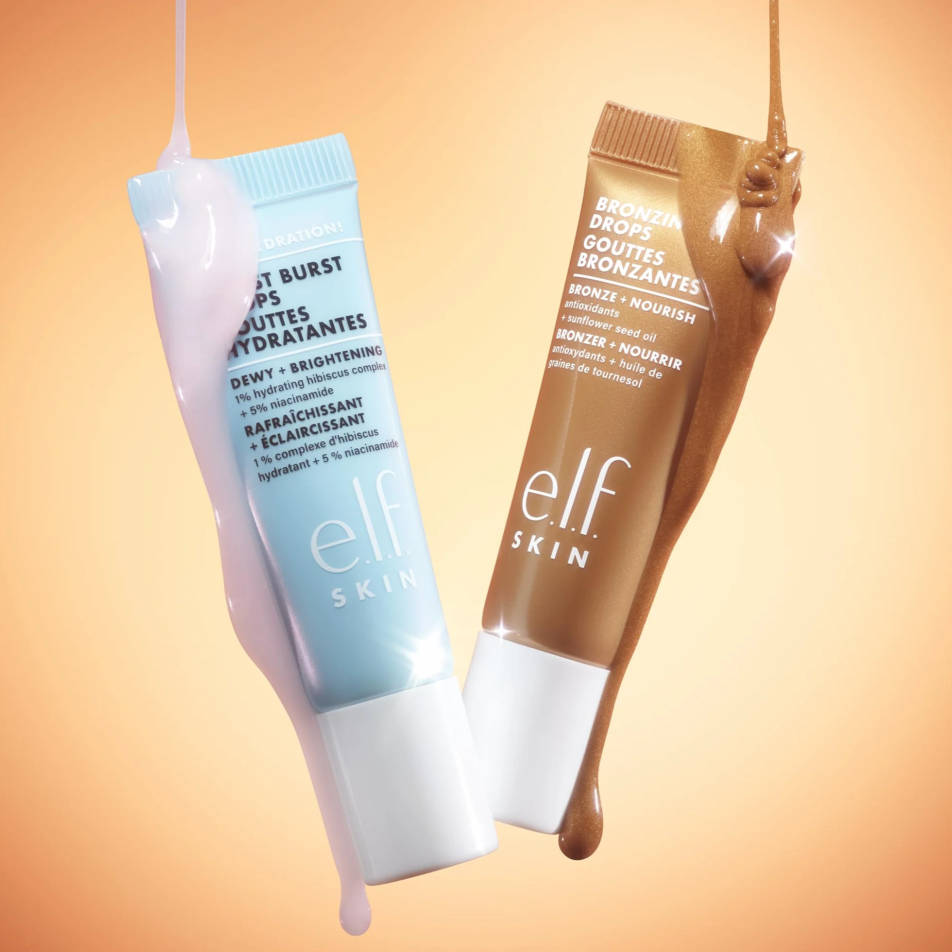 e.l.f. The Hottest Drops Duo, Holy Hydration! Thirst Burst Drops & Bronzing Drops, Serum rozjaśniające i Bronzer, z kwasem hialuronowym i 5% niacynamidem, wegańskie i wolne od okrucieństwa