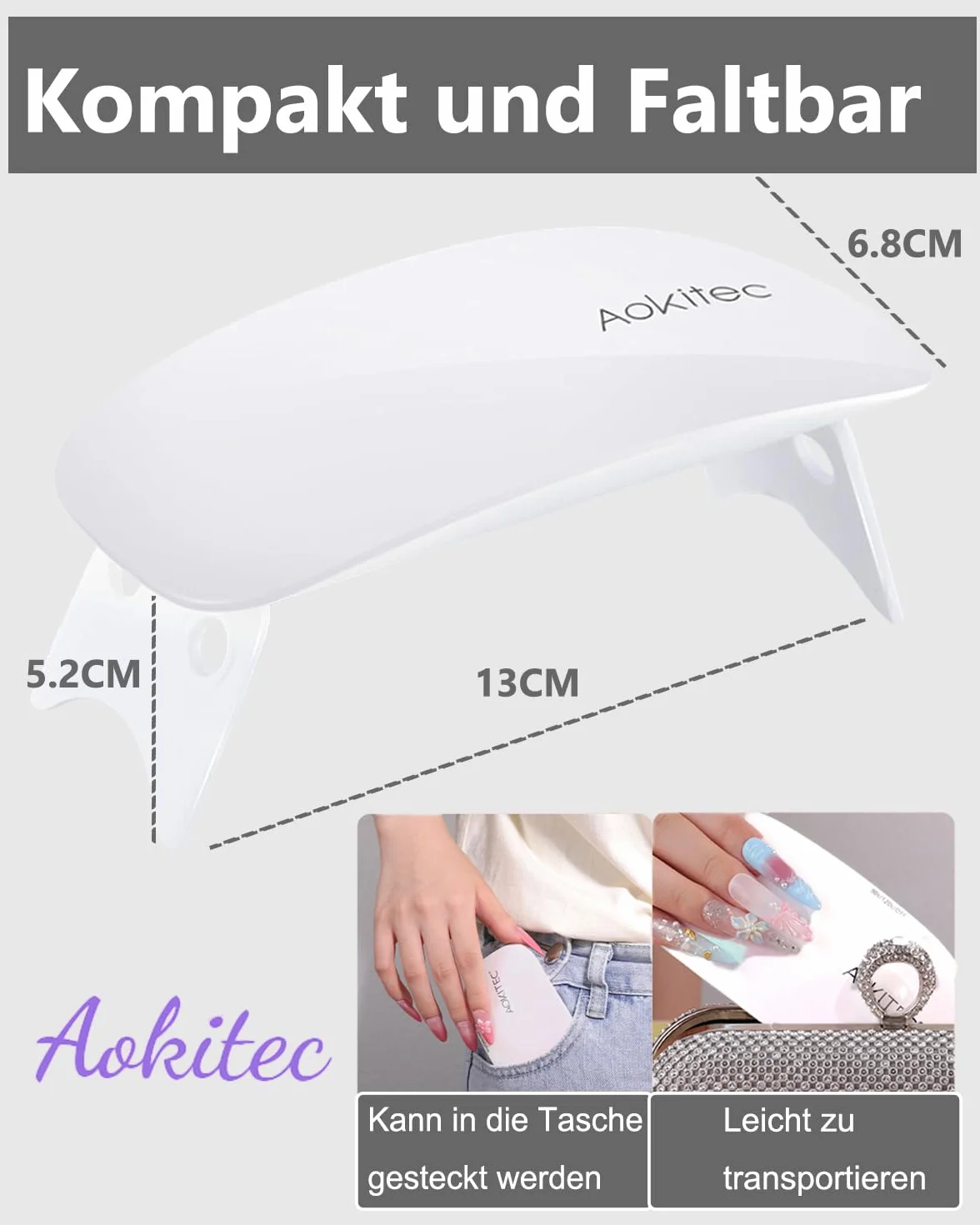 Aokitec Suszarka do paznokci 12W, lampa UV LED do wszystkich paznokci żelowych, timer 60/120 s, profesjonalna suszarka do paznokci, zdejmowana płyta podłogowa, szybkoschnąca lampa do paznokci