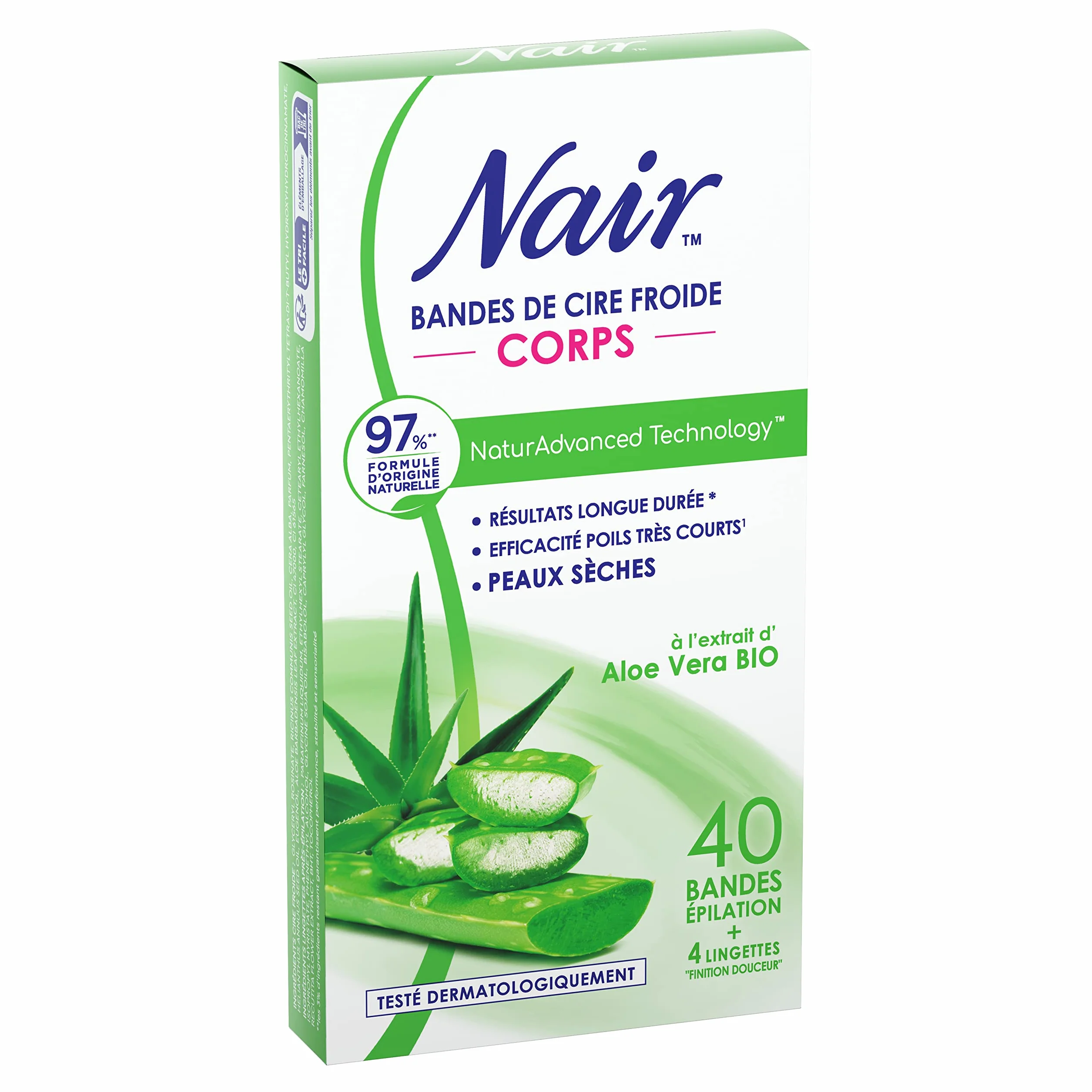 NAIR - Paski woskowe do zimnego ciała, specjalne dla skóry suchej, organiczny ekstrakt z aloesu, 97% pochodzenia naturalnego, NaturAdvanced Technology, 40 pasków