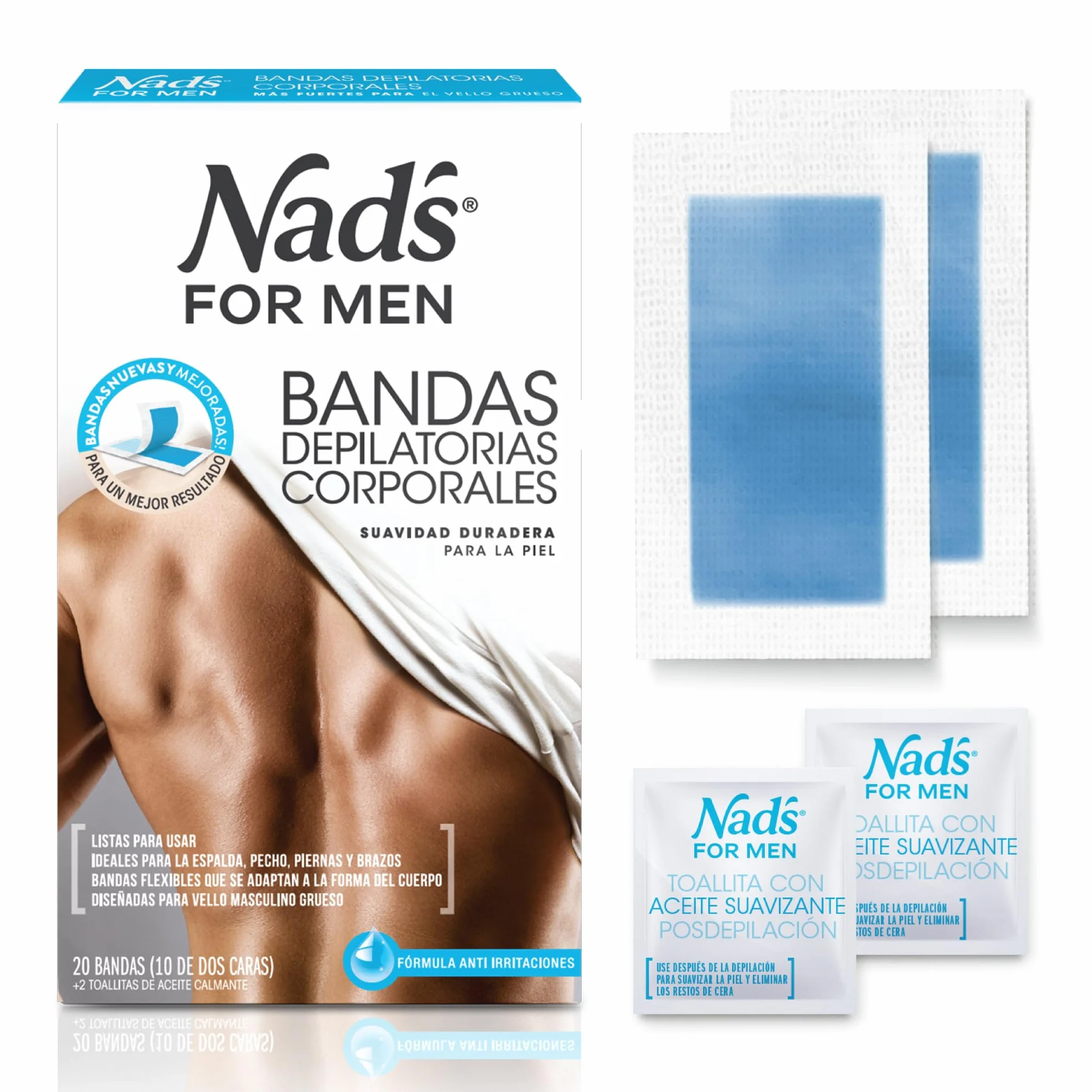 Nad's For Men Gotowe do użycia paski woskowe do ciała, paski woskowe dla mężczyzn, depilacja mężczyzn, zawiera 20 pasków wosku i 2 chusteczki uspokajające po wosku, 20 sztuk (1 szt.)