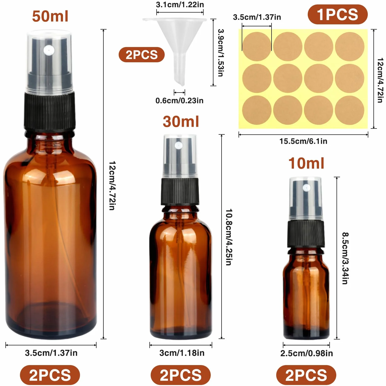 RVLZKCPG 6 sztuk butelek z rozpylaczem z brązowego szkła, 10 ml/30 ml/50 ml, małe szkło, szklane butelki z rozpylaczem z lejkiem i naklejką, do ponownego napełniania, puste butelki z rozpylaczem do