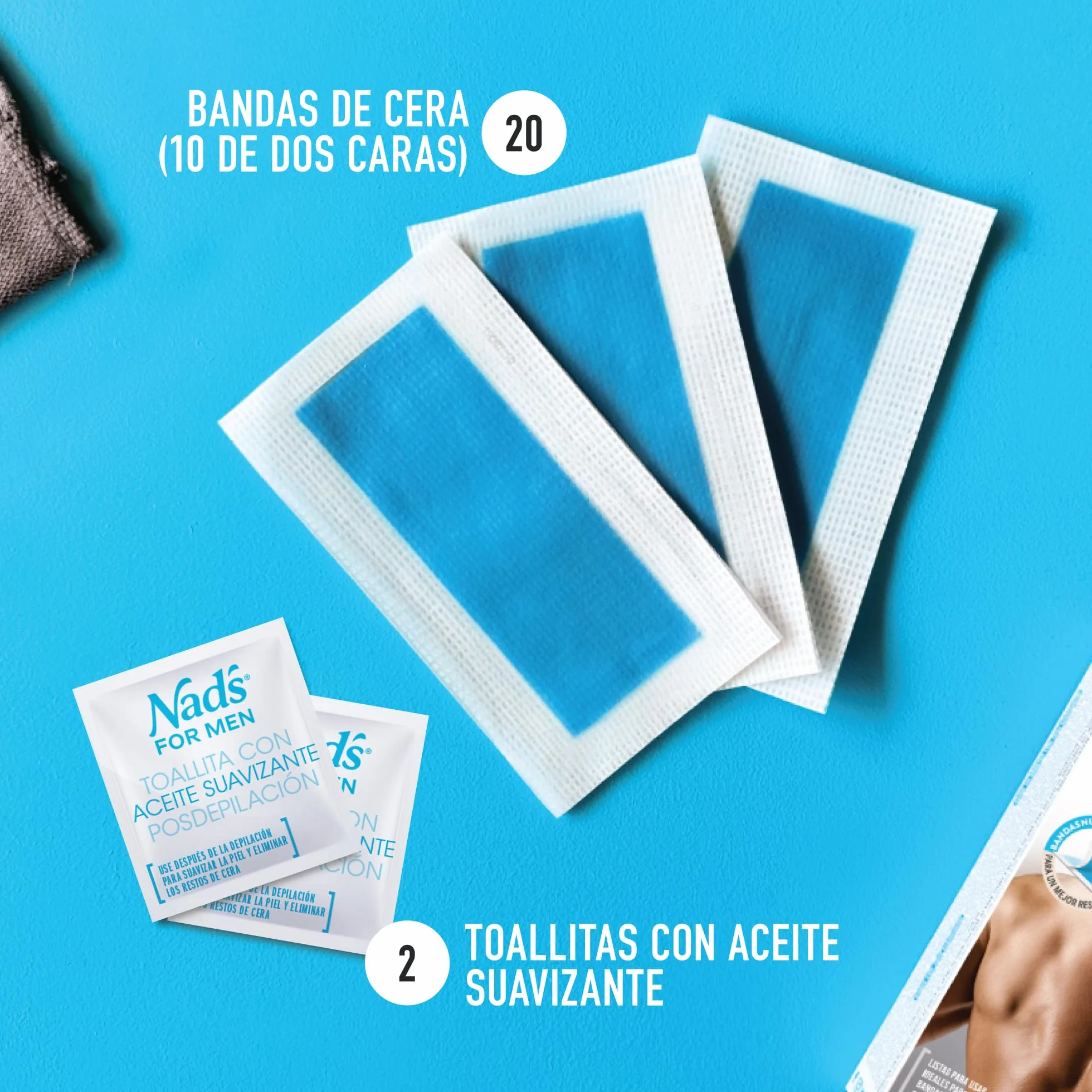 Nad's For Men Gotowe do użycia paski woskowe do ciała, paski woskowe dla mężczyzn, depilacja mężczyzn, zawiera 20 pasków wosku i 2 chusteczki uspokajające po wosku, 20 sztuk (1 szt.)