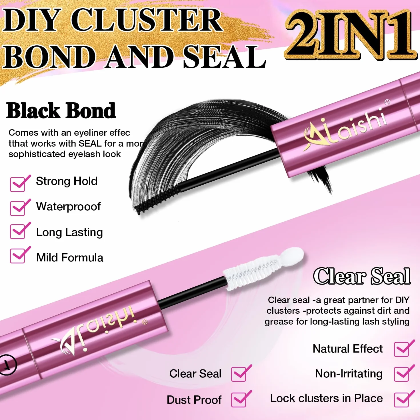 Klej do rzęs Lash Bond And Seal – Długi Czas Trwania 150 Godzin, Nie Drażniący, Dla Wrażliwych Oczu, do DIY Pojedynczych Włókien w Domu – Czarny (5ml+5ml)