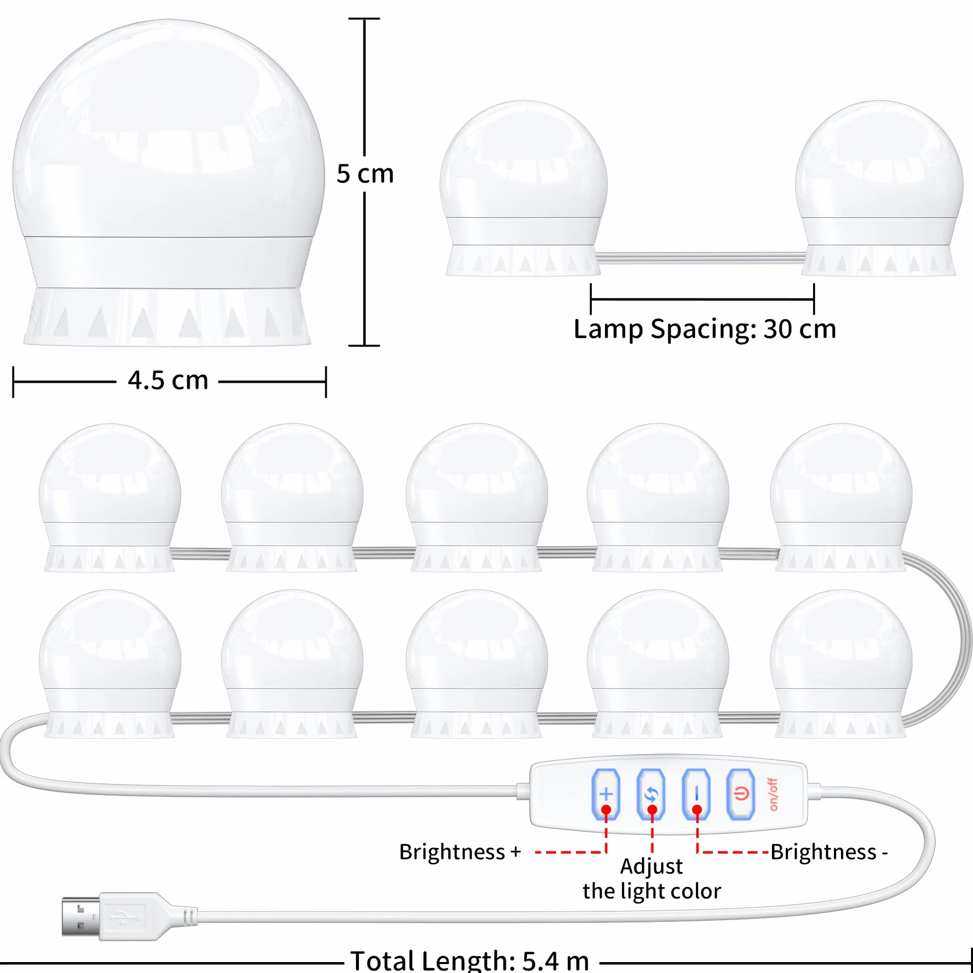 daphomeu Oświetlenie lustrzane, 10 żarówek Hollywood Zestaw świetlny LED, doskonale ukryte kable, 3 kolory i 10 intensywności, lustrzane światło USB do toaletki do makijażu